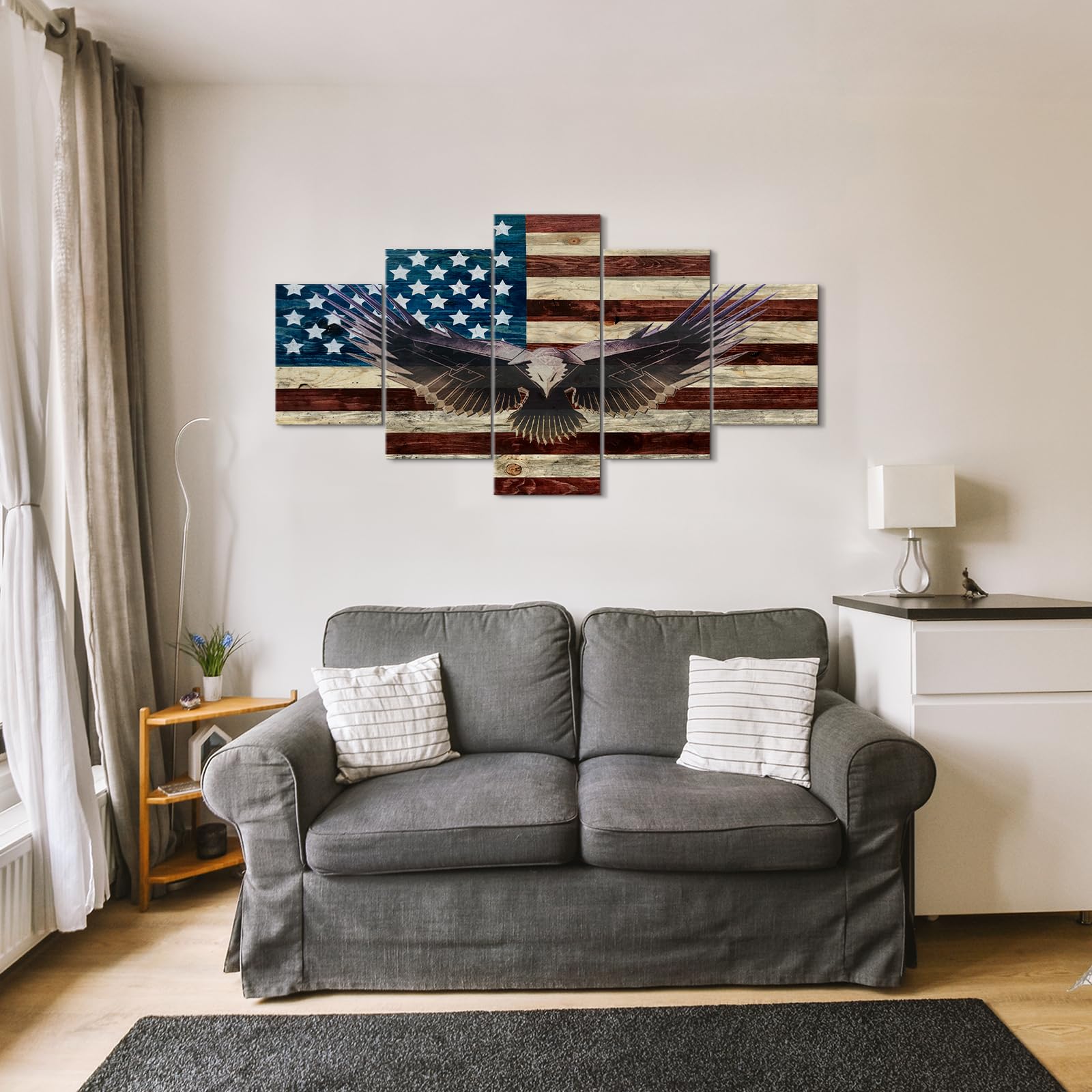 5 Piece American Flag Canvas Wall Art - Patriotic Wooden Flag Decor for Home & Office - Military Army Themed Bald Eagle Poster (70''W x 40''H) - Perfect for Living Room, Bedroom, or Office Wall Decor