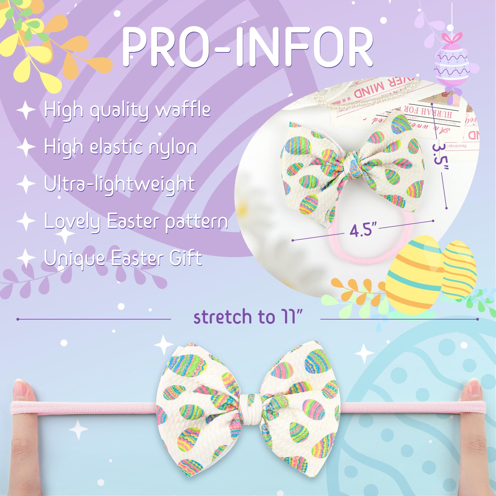 Easter Bunny Ears Headbands for Toddler Girls - 4 Pack Cute Rabbit Hair Bows with Egg Designs - Perfect Easter Gifts for Baby Girls & Infants - Great for Easter Egg Hunts, Church Services, and Spring Photoshoots