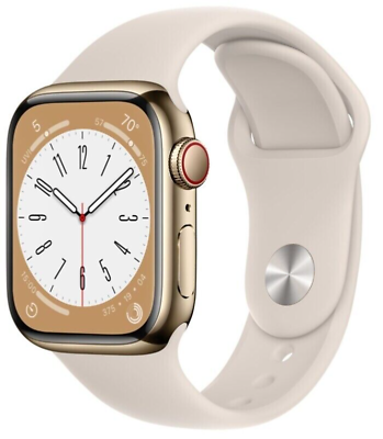 Apple Watch Series 8 (GPS + Cellular) 41mm Gold Stainless Steel Case with Starlight Sport Band - MNV93LL/A | Smartwatch for Fitness Tracking, Calls & Notifications | Perfect for Workouts, Swimming & Daily Wear