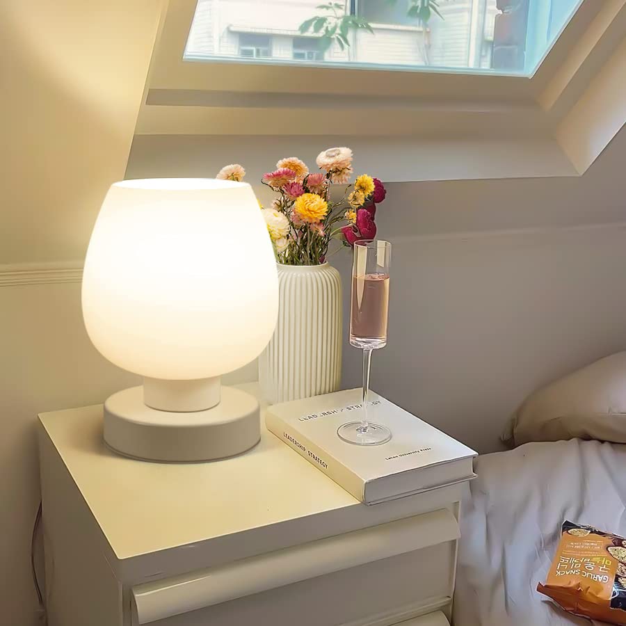 Touch Bedside Table Lamp - Modern Small LED Desk Lamp with White Opal Glass Shade, 3-Way Dimmable Warm Light, Minimalist Design for Bedroom, Living Room, Nightstand, Office, and Study Room Decor