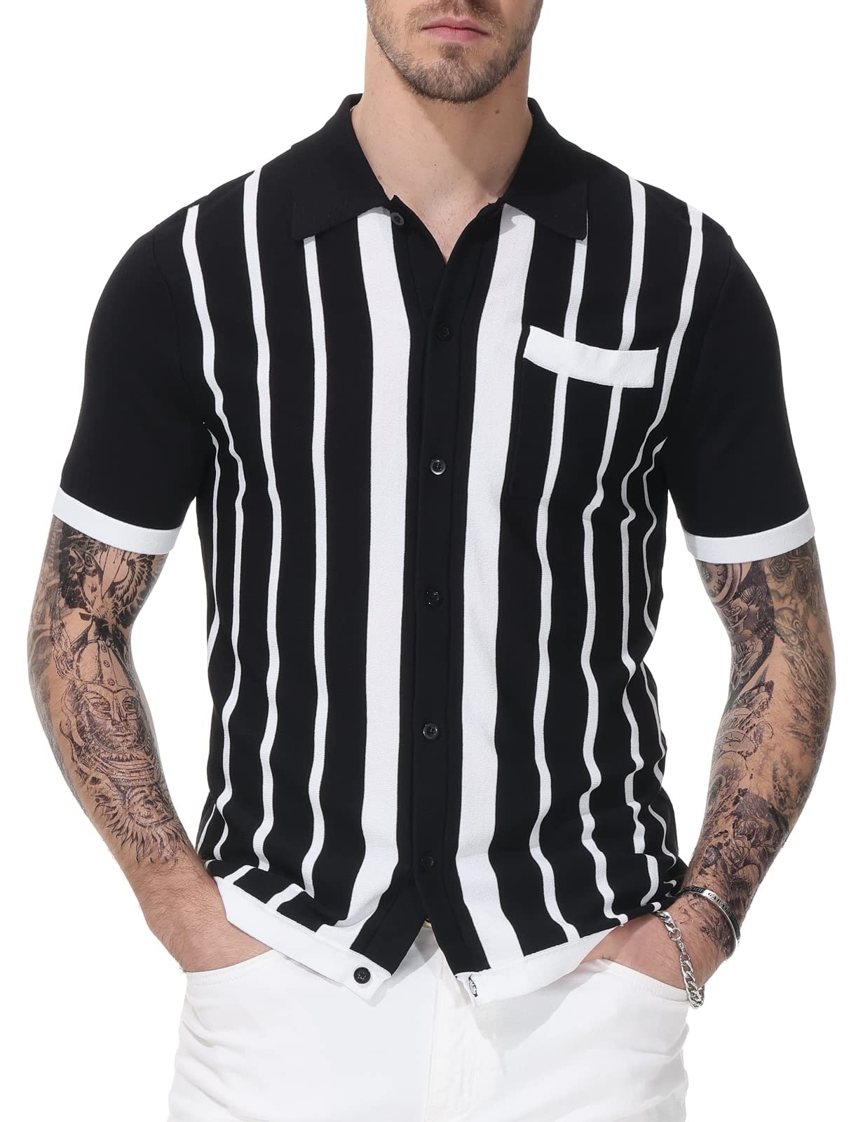 PJ PAUL JONES Men's Vintage Striped Polo Shirts - Button Down Knitted Golf Shirt for Casual Wear & Sports Activities | Perfect for Golf, Office & Summer Outfits