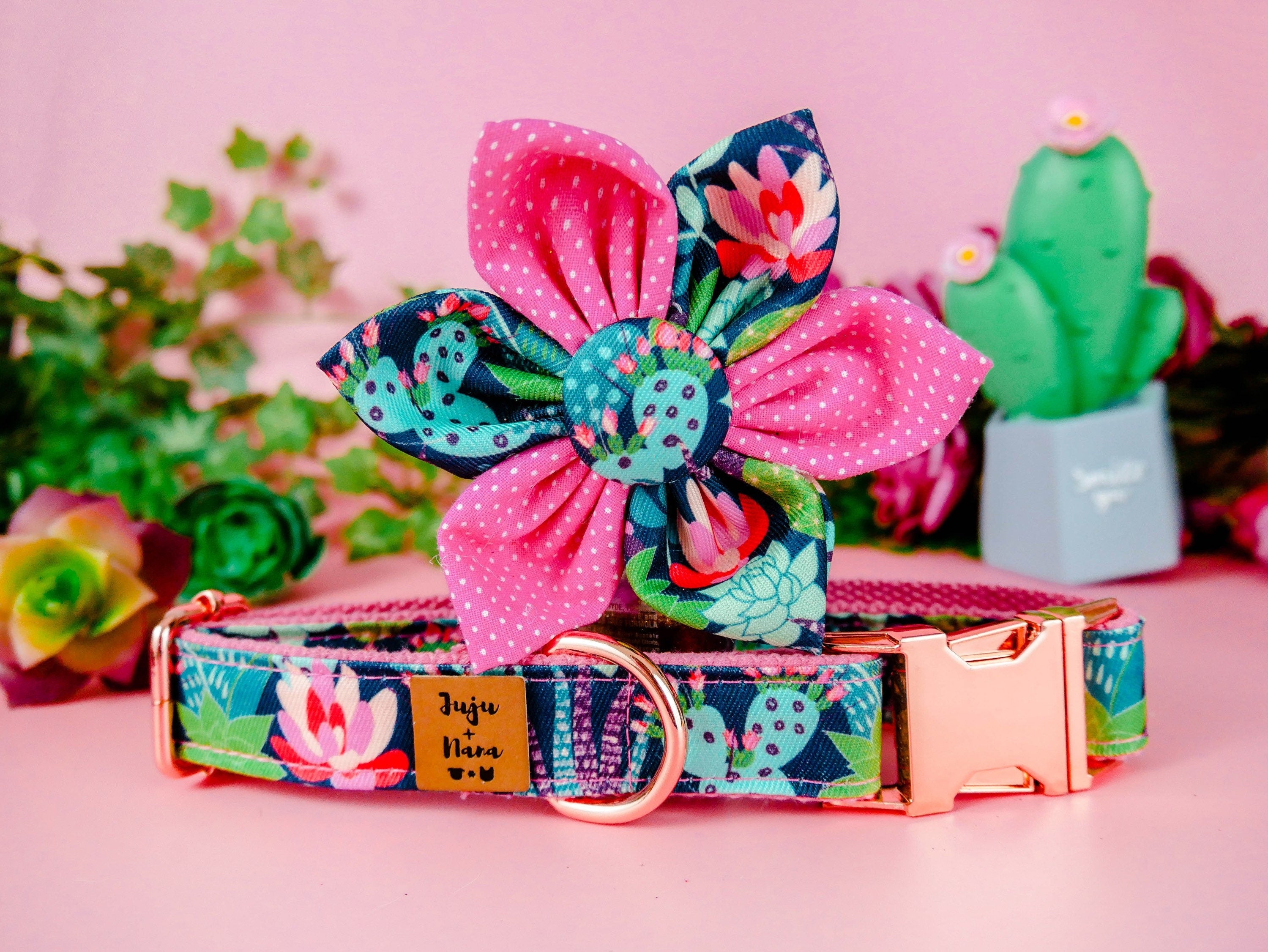 Floral Dog Collar with Cactus & Succulent Design - Adjustable Pet Collar for Small Medium Dogs - Perfect for Outdoor Walks, Pet Photos & Special Occasions