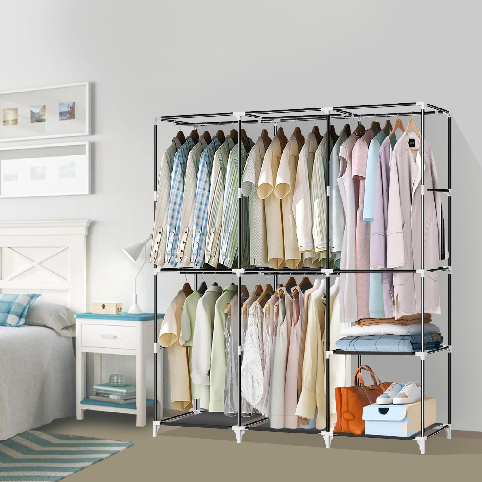 Portable Closet 50 Inch - Wardrobe Organizer with 5 Hanging Rods & Grey Non-Woven Fabric Cover - Easy Assembly Clothes Storage Solution for Bedroom, Closet, Dorm or Travel