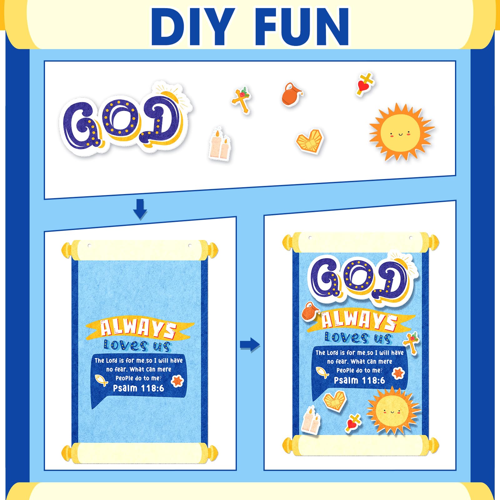 Peryiter 24 Pcs Christian DIY Felt Bible Crafts Kit - God Always Love Us Religious Scroll Art Supplies for Home, Church & Sunday School Activities | Perfect for Bible Study, Kids Crafts & Religious Gift Making