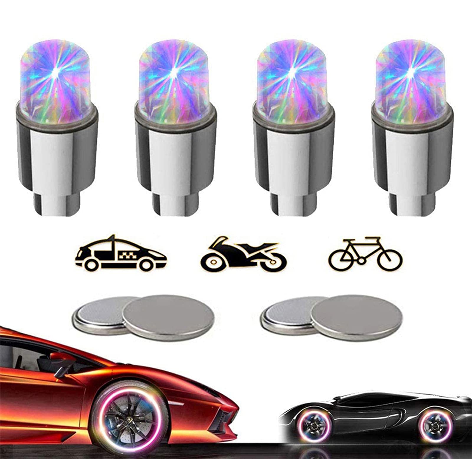 Yinch 4 Pack LED Tire Valve Caps - Colorful Wheel Lights for Cars, Trucks, Bikes & Golf Carts - Waterproof Spoke Flash Lights with 10 Extra Batteries - Perfect for Night Cycling, Safety Visibility & Vehicle Customization (Multicolor)