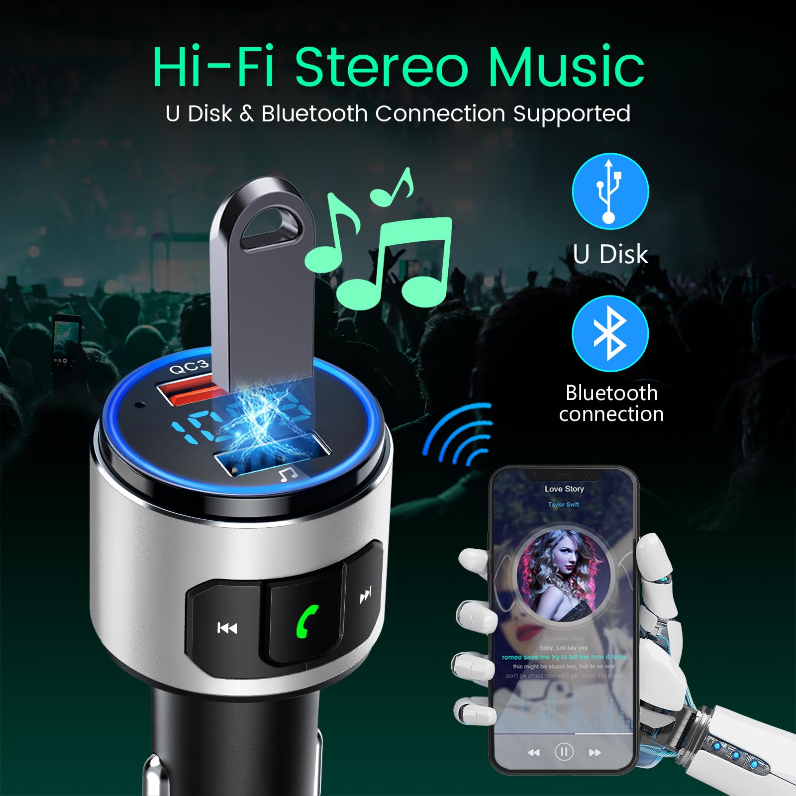 Upgraded V5.3 Bluetooth FM Transmitter for Car - Wireless Music Player with QC3.0 Fast Charging, LED Backlit Display & Hands-Free Calling | Compatible with Siri & Google Assistant (Silver) | Perfect for Road Trips, Commuting & Streaming Music in Your Vehicle