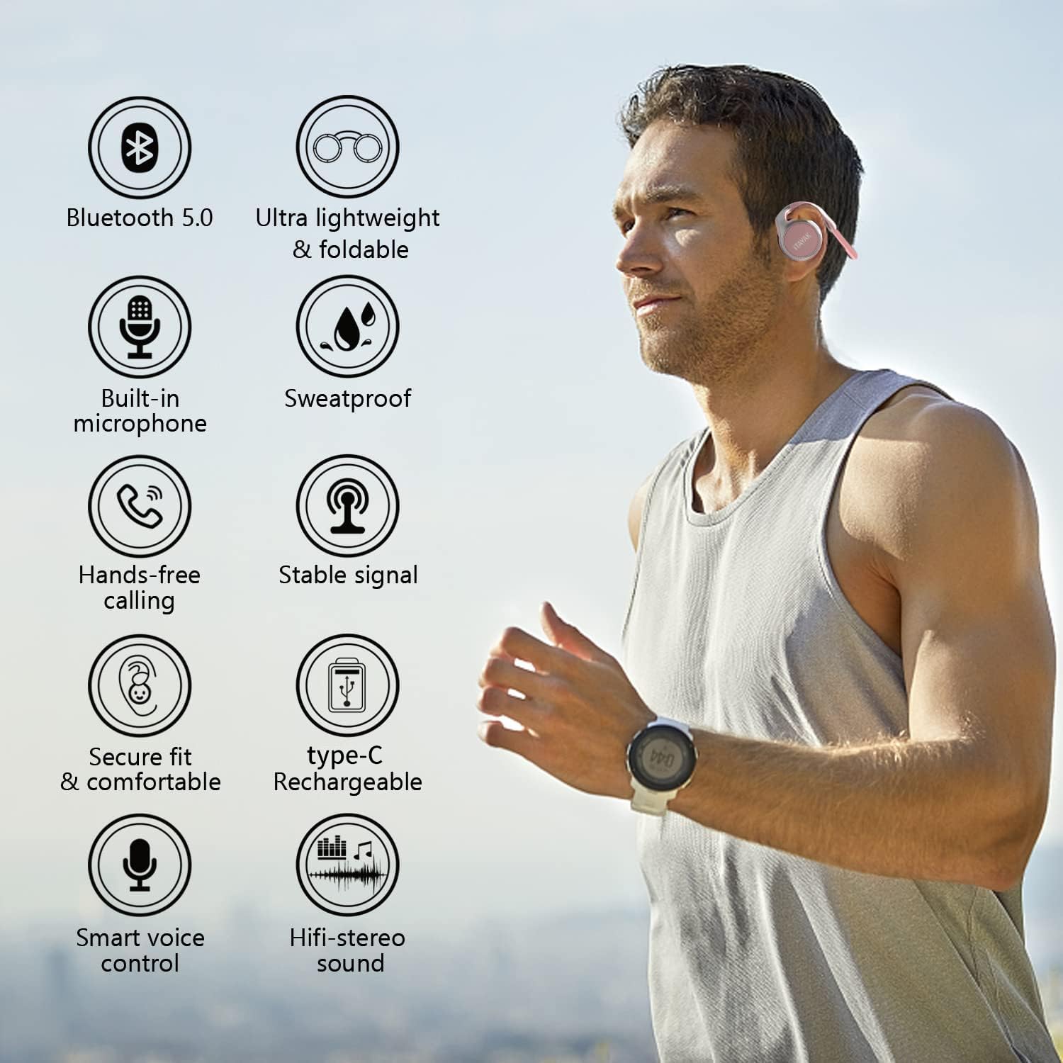 Behind The Ear Headphones, Lightweight Wireless Bluetooth Sports Headphones with Microphone - Sweatproof, Foldable Design & Carrying Case (Gold) - Perfect for Running, Gym Workouts & Outdoor Activities