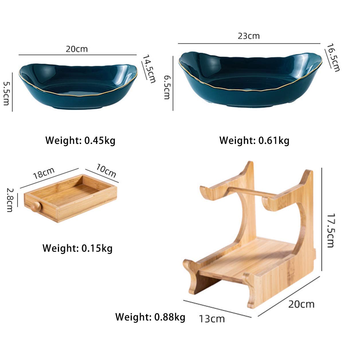 2-Tier Ceramic Fruit Basket with Bamboo Shelves & Serving Bowls - Dark Green Decorative Display for Coffee Table, Kitchen Counter, or Dining Room