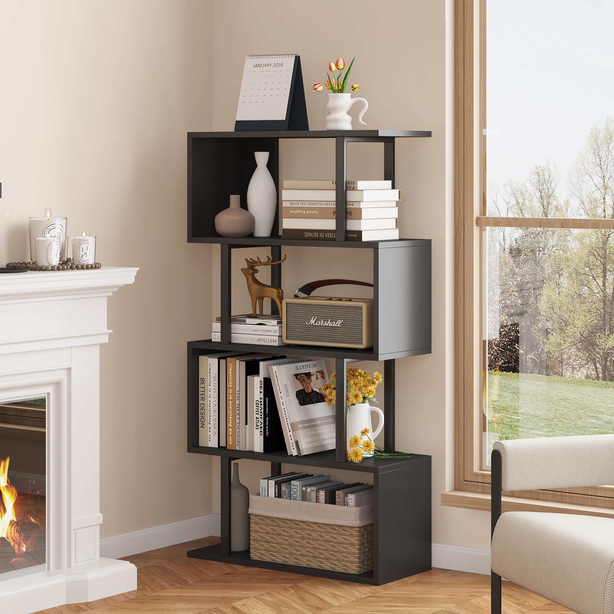Yusong Geometric Bookcase - 4-Tier S-Shaped Bookshelf for Bedroom & Home Office, Modern Wooden Display Shelf for Books & Decor, Black - Perfect for Small Spaces & Stylish Storage Solutions