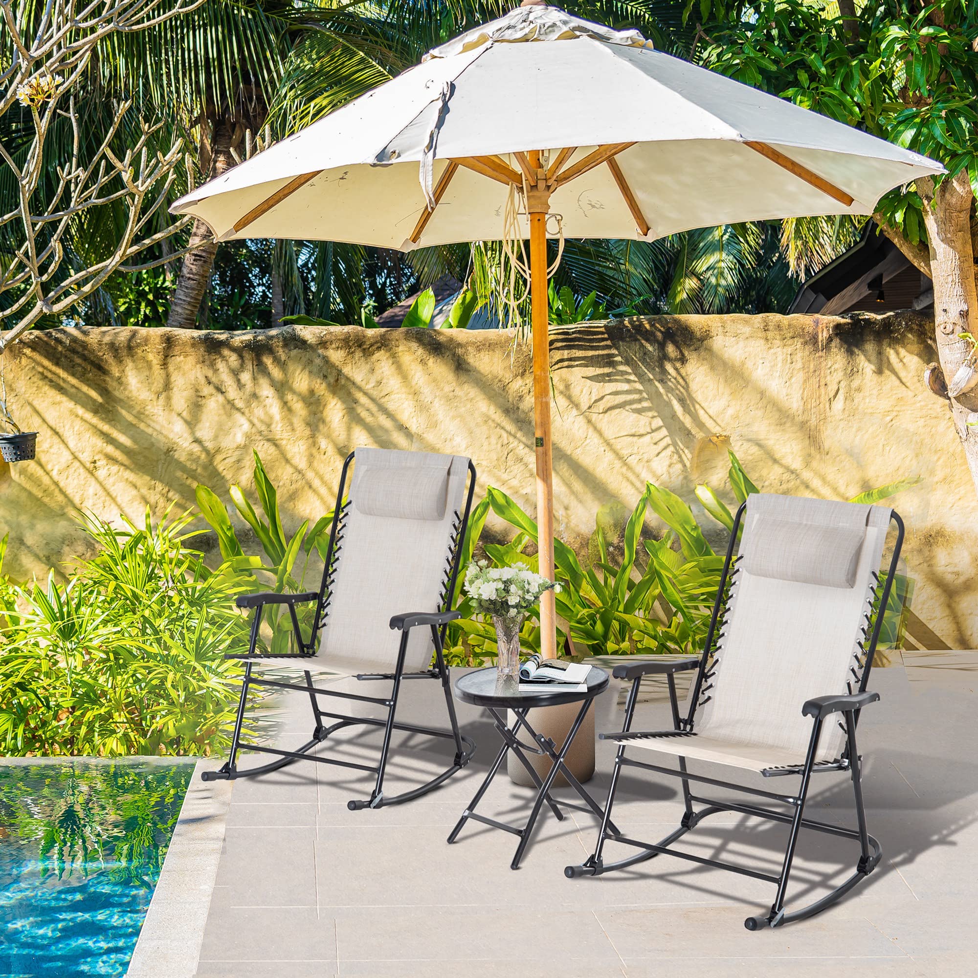 Outsunny 3-Piece Outdoor Rocking Chair Set with Glass Coffee Table - Cream White Patio Furniture for Yard, Deck & Backyard | Foldable Lawn Rockers with Headrests for Relaxing in Garden or Porch