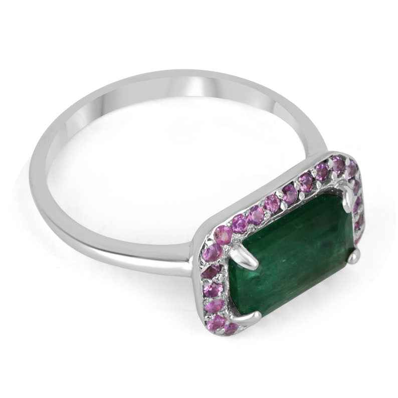 2.30ctw 14K Gold East-West Emerald & Pink Sapphire Halo Ring - Natural Dark Green Gemstone for Women, Perfect for Engagement, Wedding, Anniversary & Everyday Elegance
