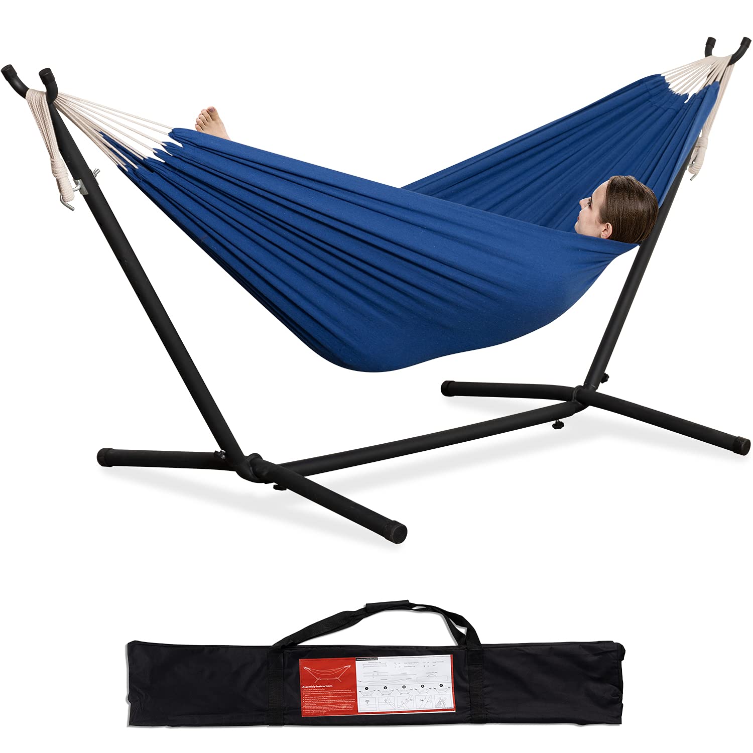 **PNAEUT Double Hammock with Space-Saving Steel Stand – 2-Person Heavy Duty 450lb Capacity for Garden, Yard, Outdoor Use – Perfect for Relaxing, Camping & Backyard Lounging (Navy Blue)**
