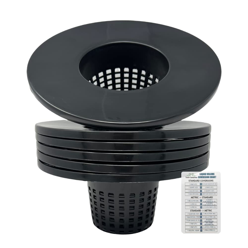 6 Inch Wide Lip Bucket Basket (Pack of 6) - 5 Gallon Bucket Lids for DWC Hydroponic Systems, Net Pots for Hydroponic Gardening + Twin Canaries Growth Chart - Perfect for Indoor Herb Gardens, Hydroponic Planters, and DIY Hydroponics Setup