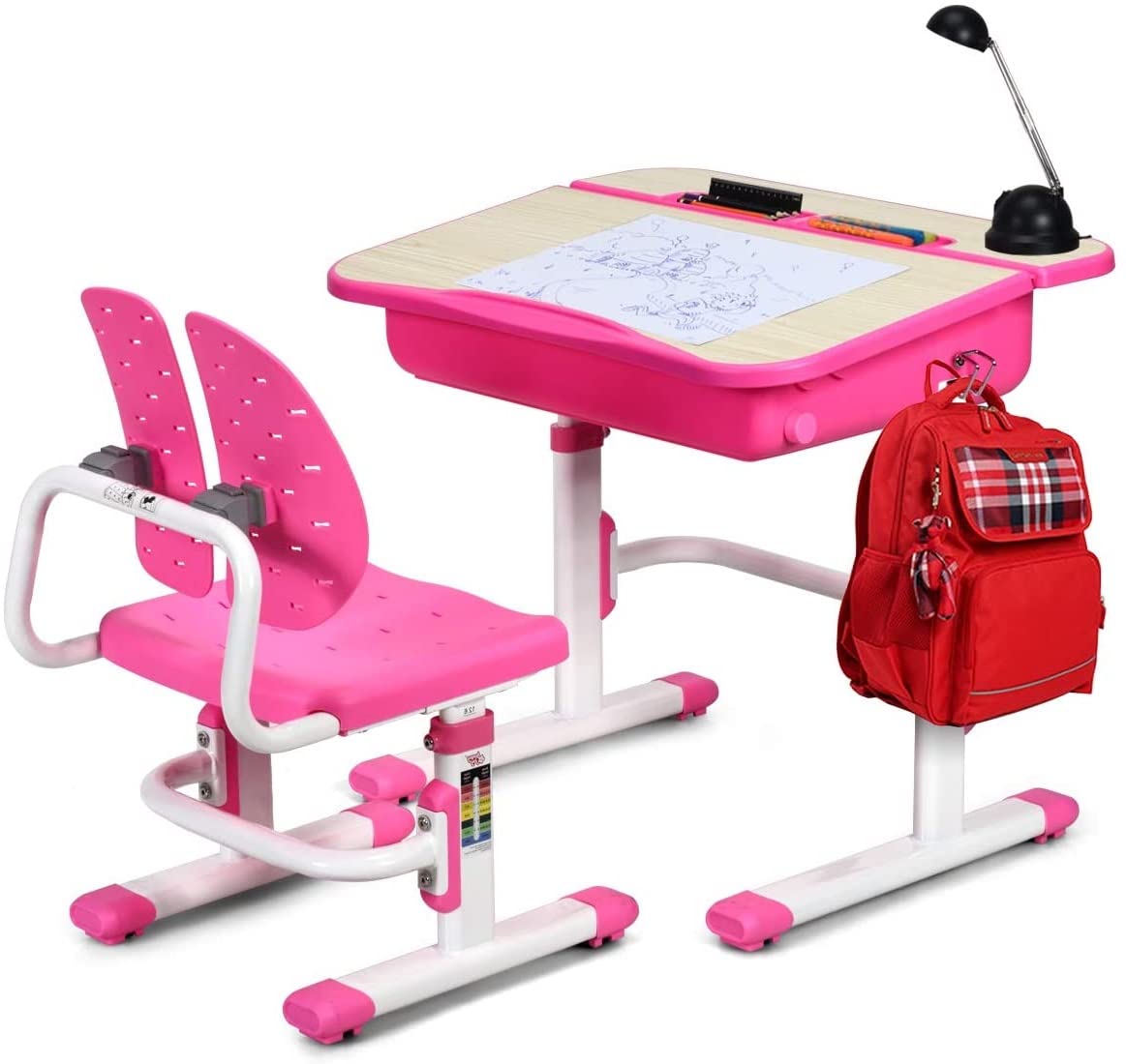 ARLIME Adjustable Kids Desk and Chair Set - Ergonomic Study Desk with Sloped Desktop, Storage Drawer & Metal Hook - Multifunctional Children's Writing Table for Boys & Girls (Gray) - Perfect for Homeschooling, Online Learning & Bedroom Study Space