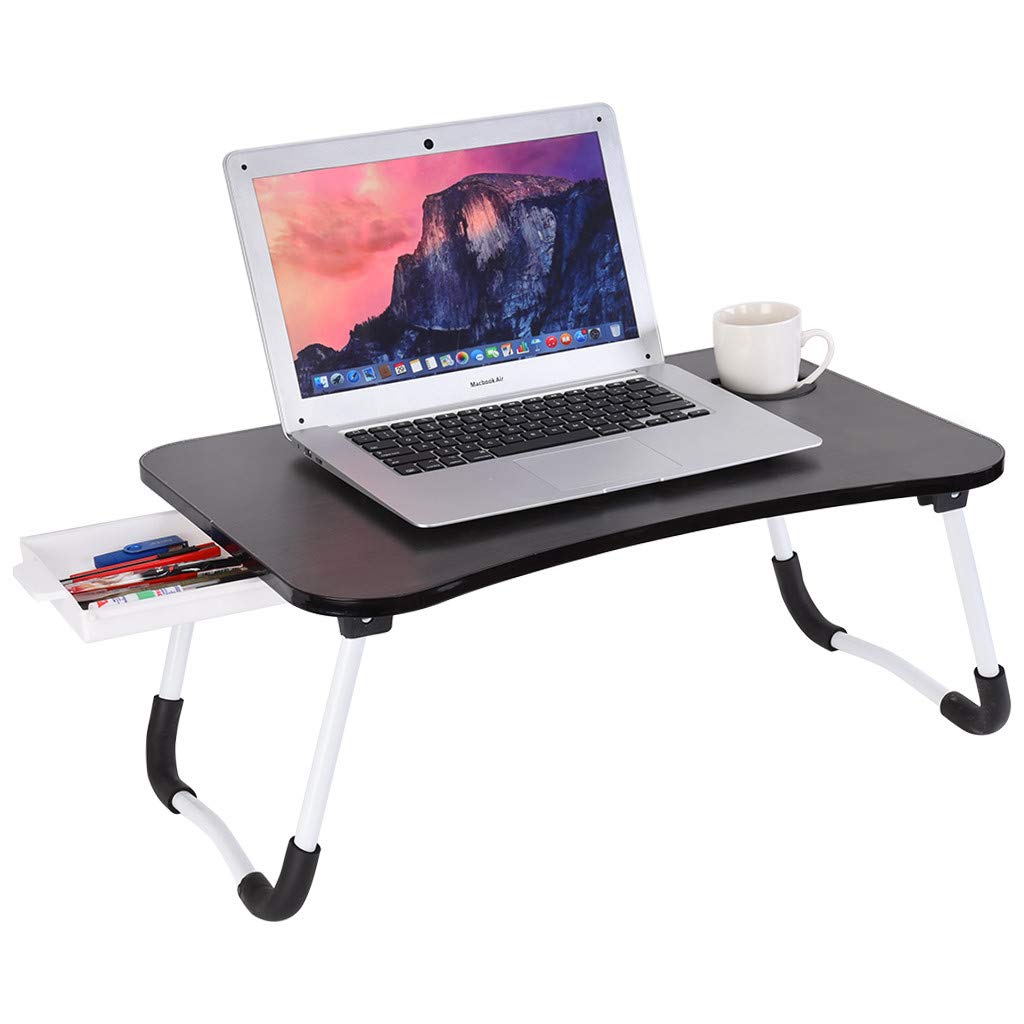 Foldable Portable Laptop Bed Desk with Drawer - Multifunctional Mini Computer Table for Couch, Bed, Working & Writing - Medium Black Desk for Home, Office & Dorm Use