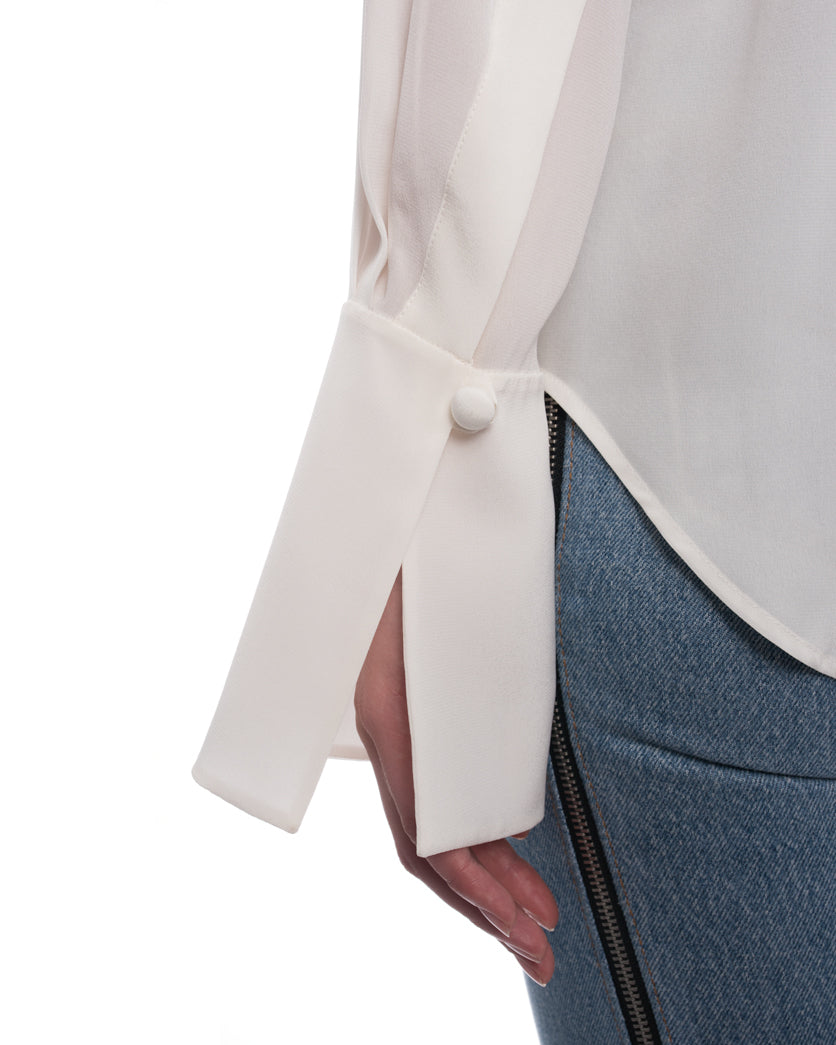Chloe Women's Milk White Silk Blouse with Elegant Lace Inset - Size M | Perfect for Office Wear, Date Night & Special Occasions