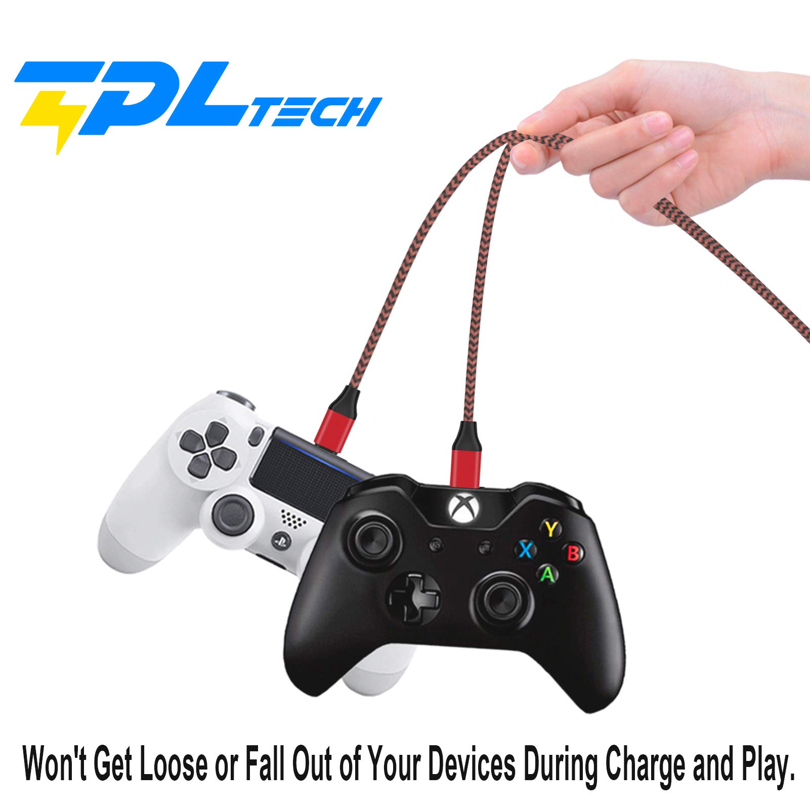 2-Pack 15Ft Micro USB 2.0 Fast Charging Cable - Nylon Braided Durable Cord for PS4 Controller, Xbox One S/X, Android Phones | High-Speed Data Sync & Charging | Gaming & Mobile Device Accessories (Red)