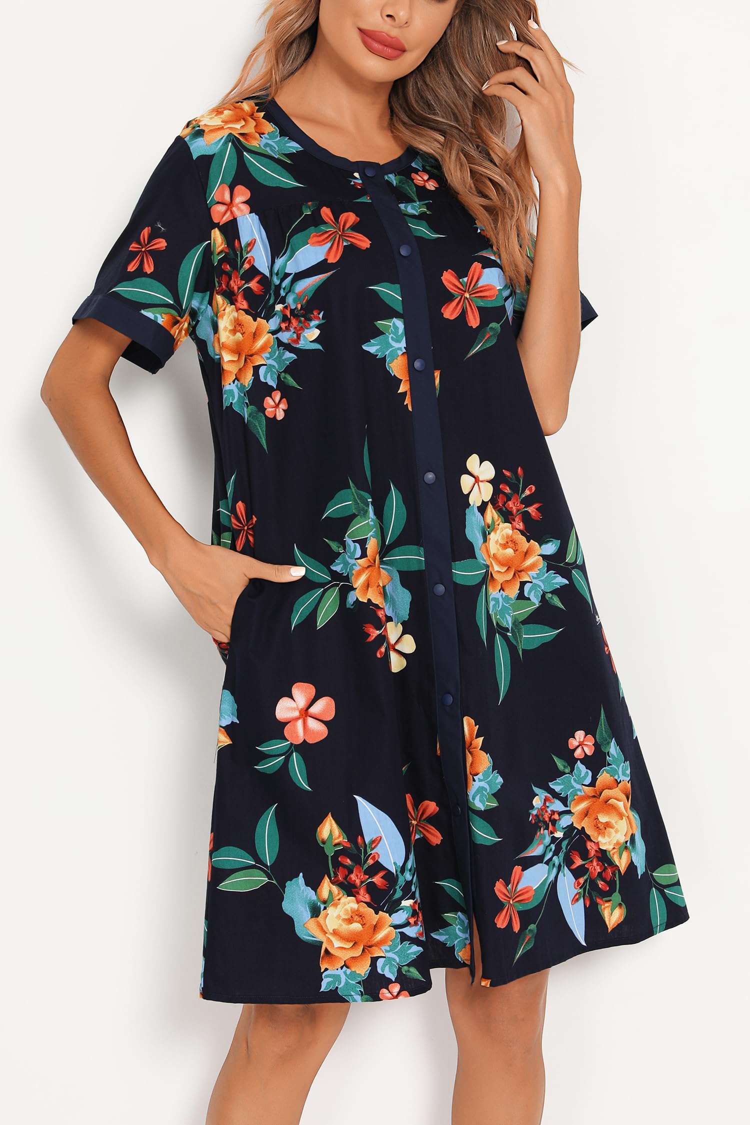 YOZLY Women's Short Sleeve House Dress - Casual Home Robe with Pockets | Comfortable Moomoo Nightgown & Duster for Lounging, Morning Coffee, and Relaxing at Home