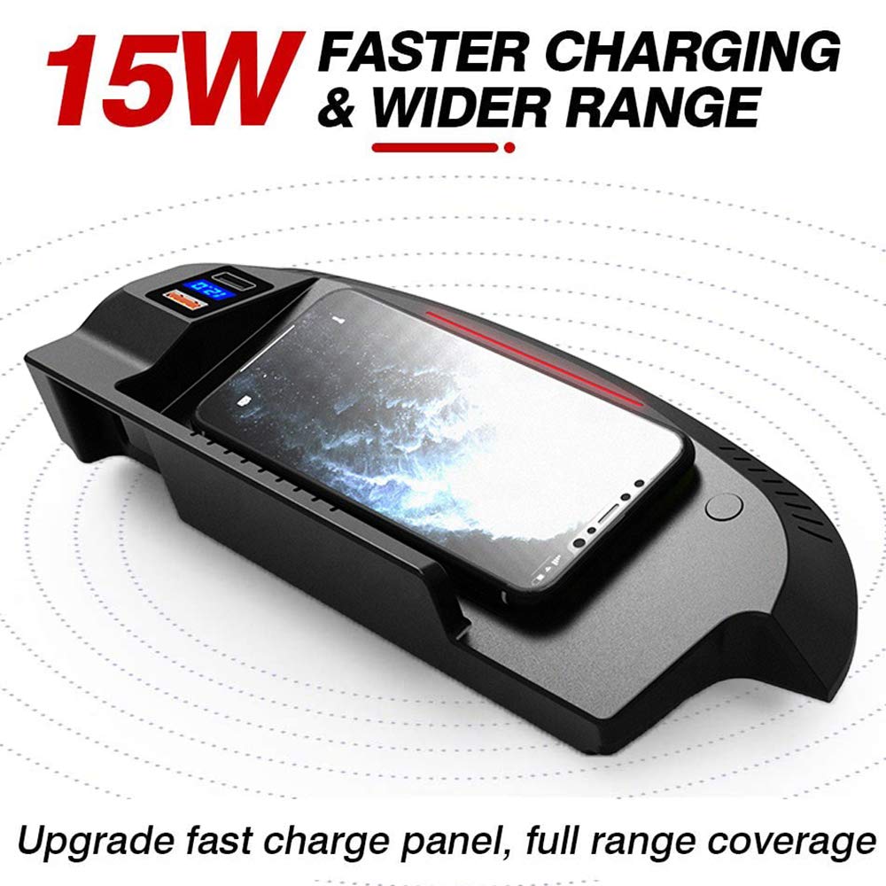 Fast Wireless Car Charger for Ford Mustang 2015-2020 - 15W Qi Charging Pad with QC3.0 USB Port - Perfect for iPhone & Galaxy Phones on Road Trips