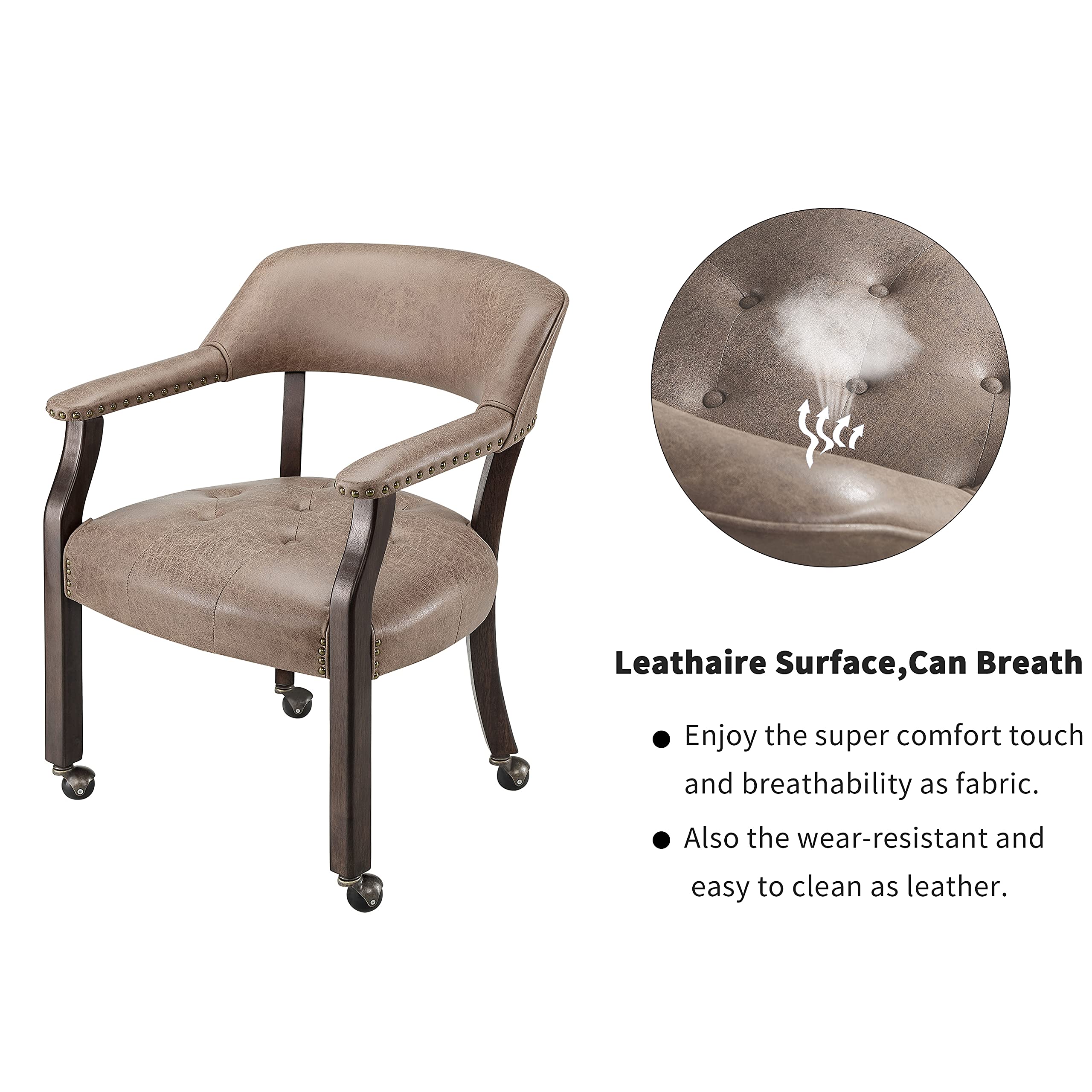 Premium Solid Wood Executive Office Chair with Wheels & Arms - Classic Swivel Upholstered Leather Desk Chair 31.5