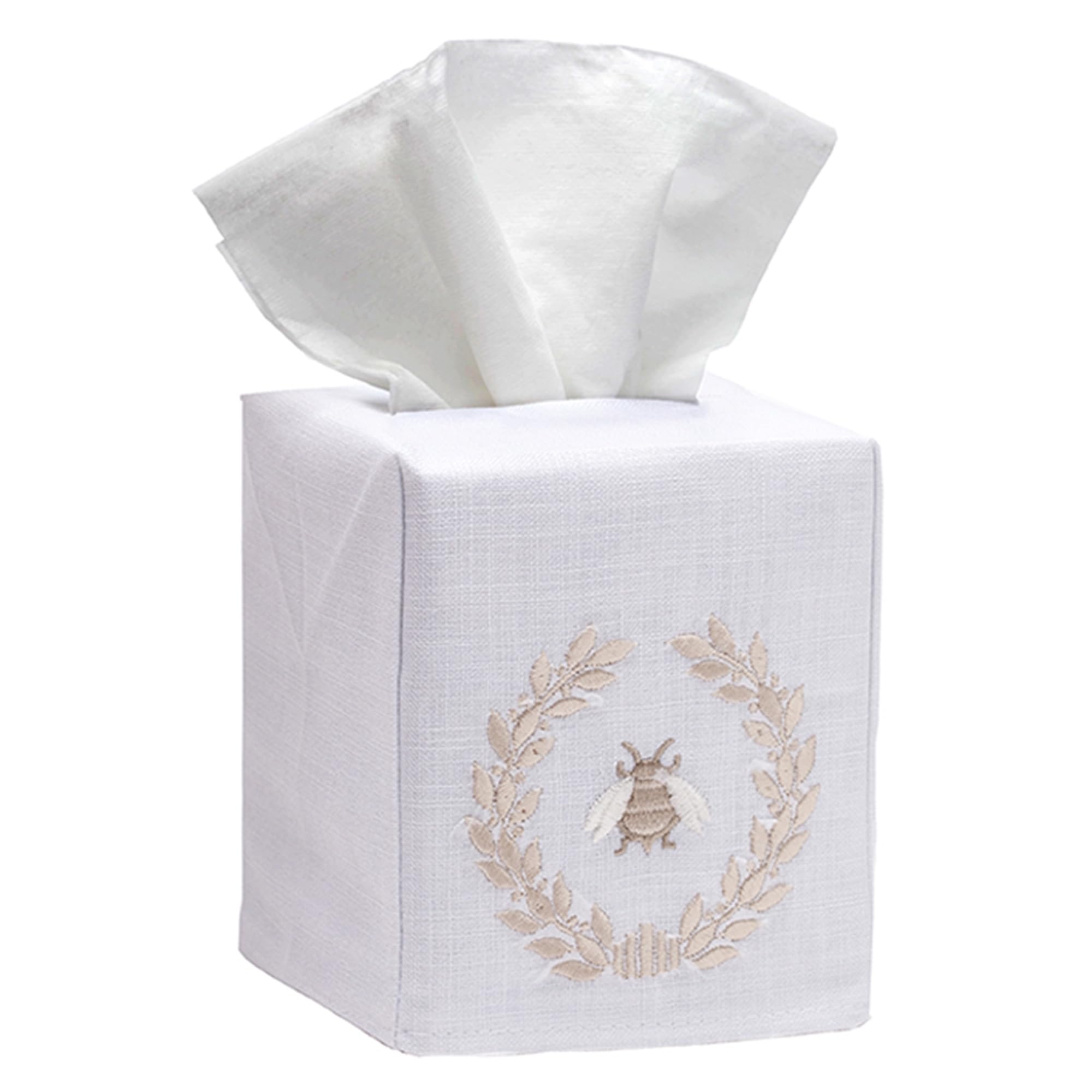 Jacaranda Living Square Tissue Box Cover - Linen Cotton Fabric Tissue Holder with Nature Napoleon Bee Wreath Design (Beige) | Decorative Cloth Tissue Cube for Living Room, Bedroom & Bathroom Decor