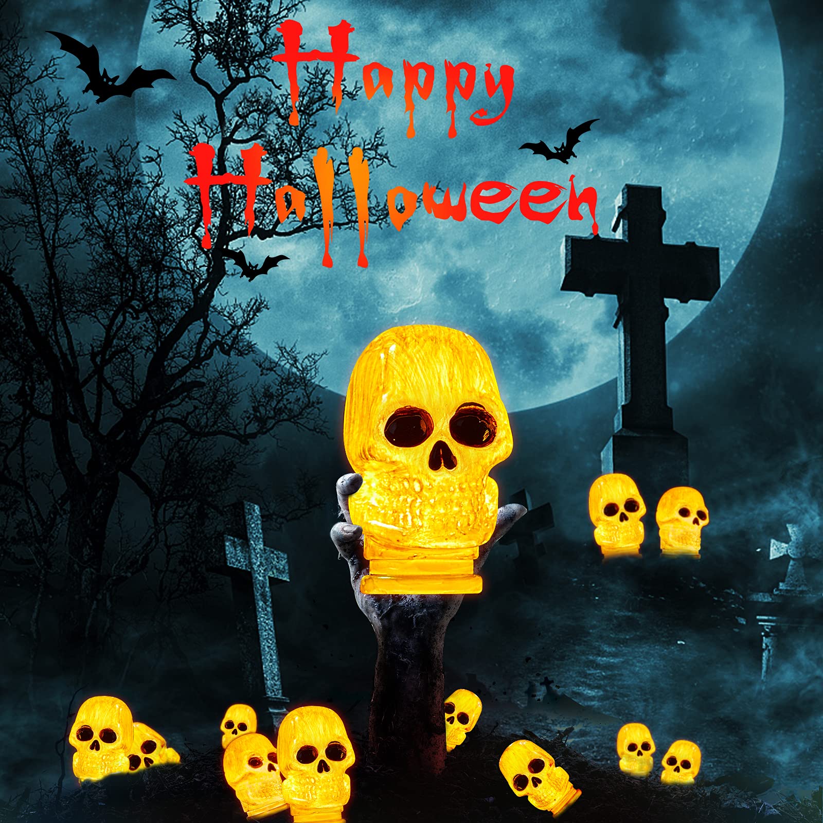 Upgraded 4 Pack 3D Skeleton Skull Halloween Pathway Lights with Timer - Waterproof Battery Operated Outdoor Decor for Garden, Patio, Yard - Perfect for Halloween Party, Trick or Treat, Spooky Home Décor
