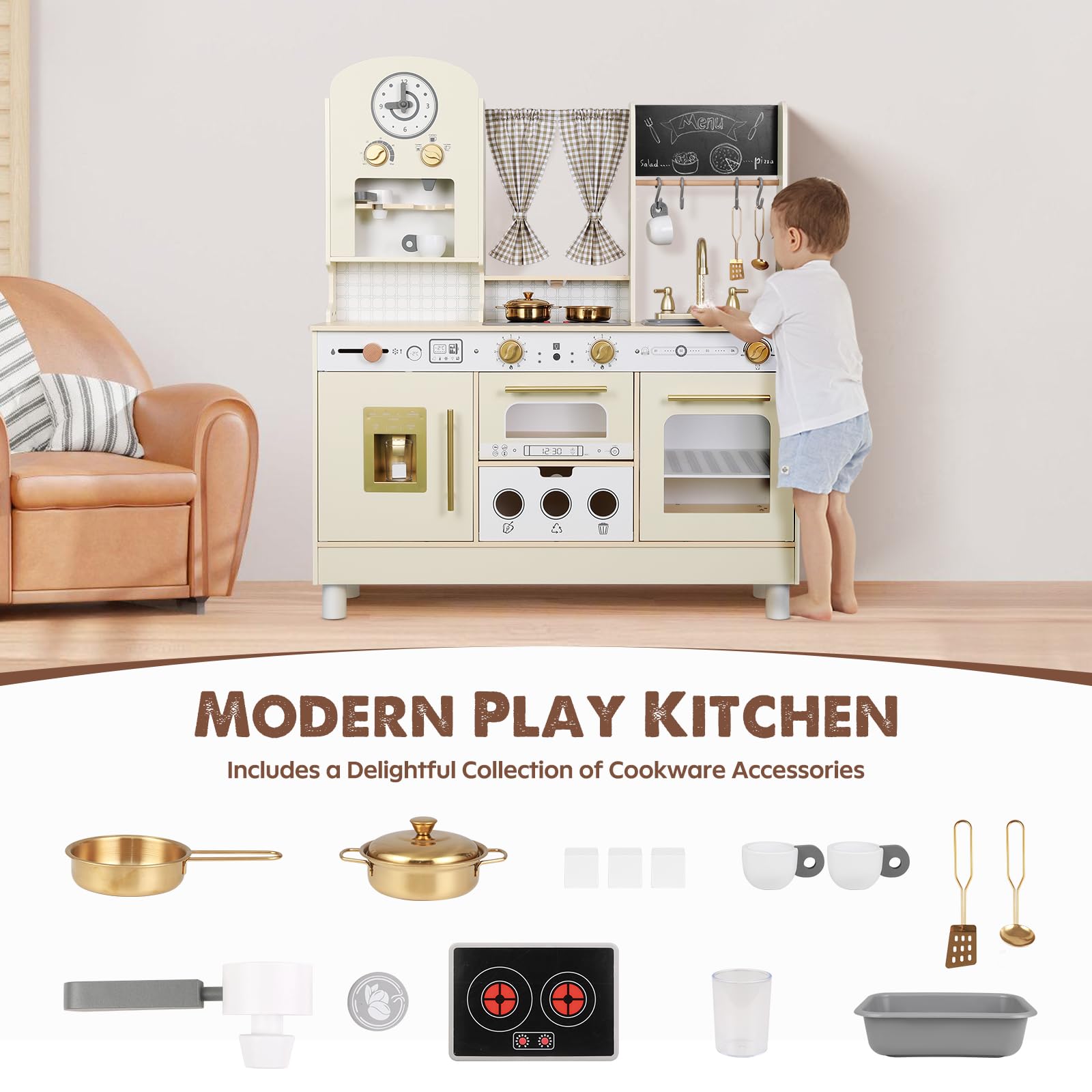**Wooden Play Kitchen Set for Kids - Adjustable Height with Kitchen Accessories - Pretend Play Toy Gift for Toddlers & Children Ages 3-8 - Perfect for Home, Preschool & Role-Playing Fun (White)**
