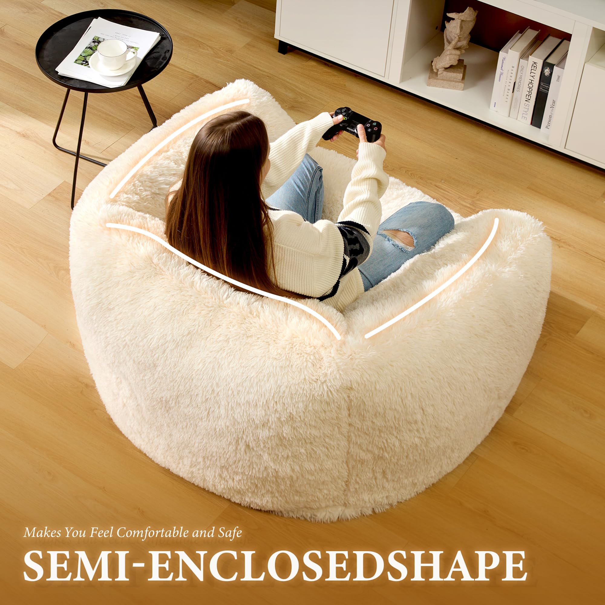Homguava Extra Large Giant Bean Bag Chair for Adults - Big Memory Foam Stuffed Bean Bag Sofa with Armrests & Filler, Plush Comfy Lazy Couch for Bedroom, Living Room, Game Room & Home Theater (XL, White)