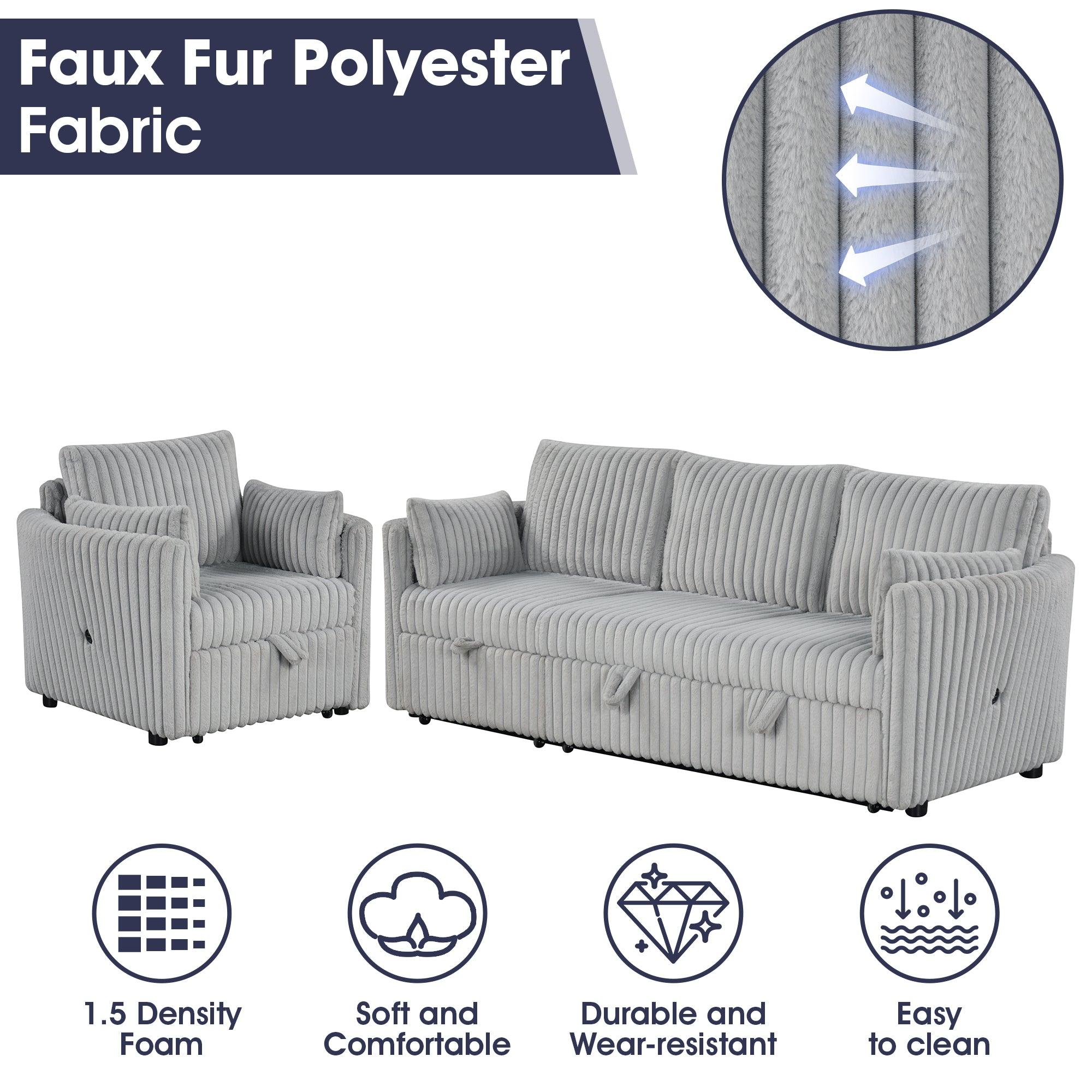 Light Gray Faux Fur Oversized Convertible Sleeper Sectional Sofa with USB Charging Ports - 3-in-1 Daybed, Couch & Chair with 2 Pillows - Perfect for Living Room, Home Theater & Guest Room