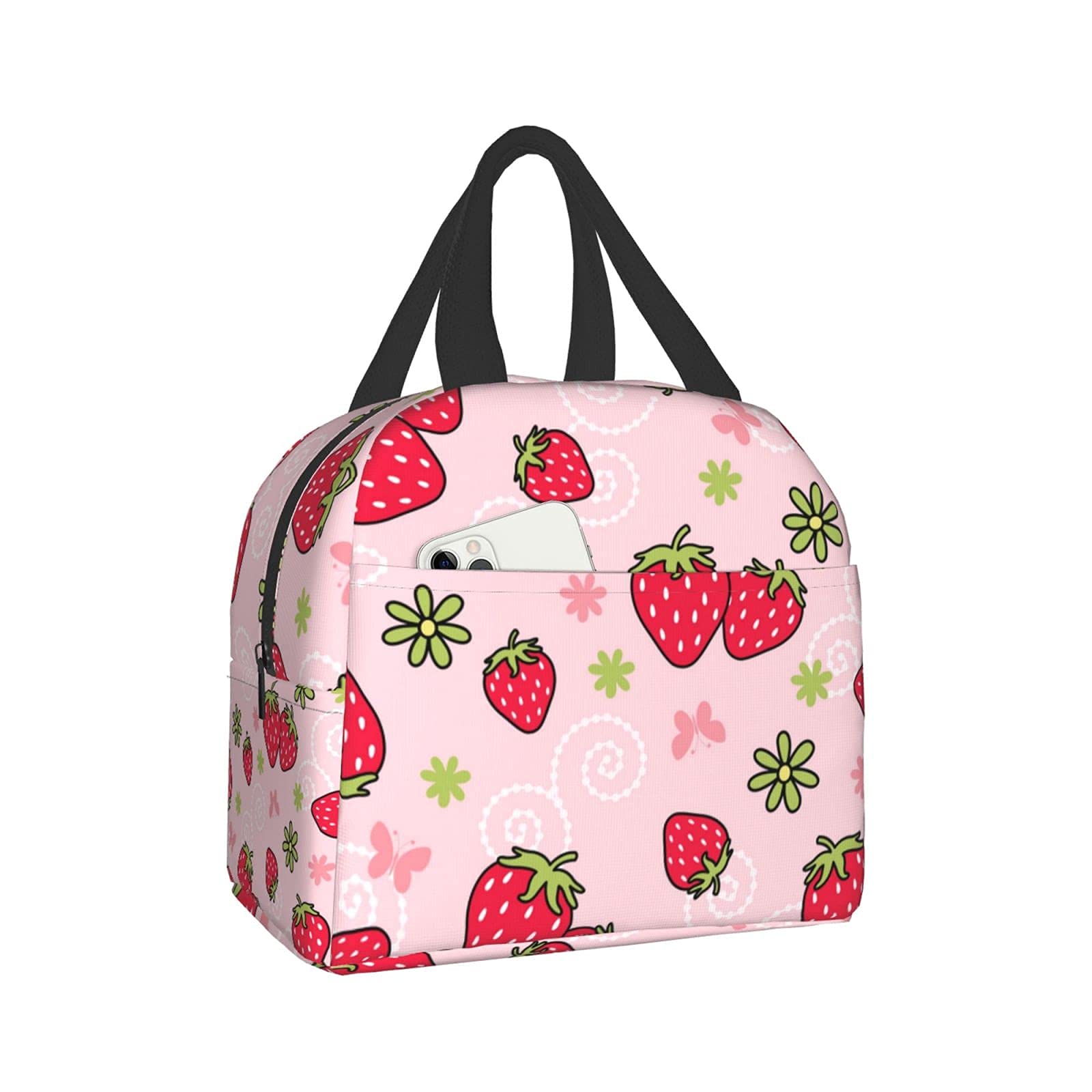 **Insulated Pink Strawberries Butterfly Lunch Bag for Women & Men - Reusable Tote Lunch Box for Work, School, Office, Picnic & Travel - Food Container & Holder for Meals On-The-Go**