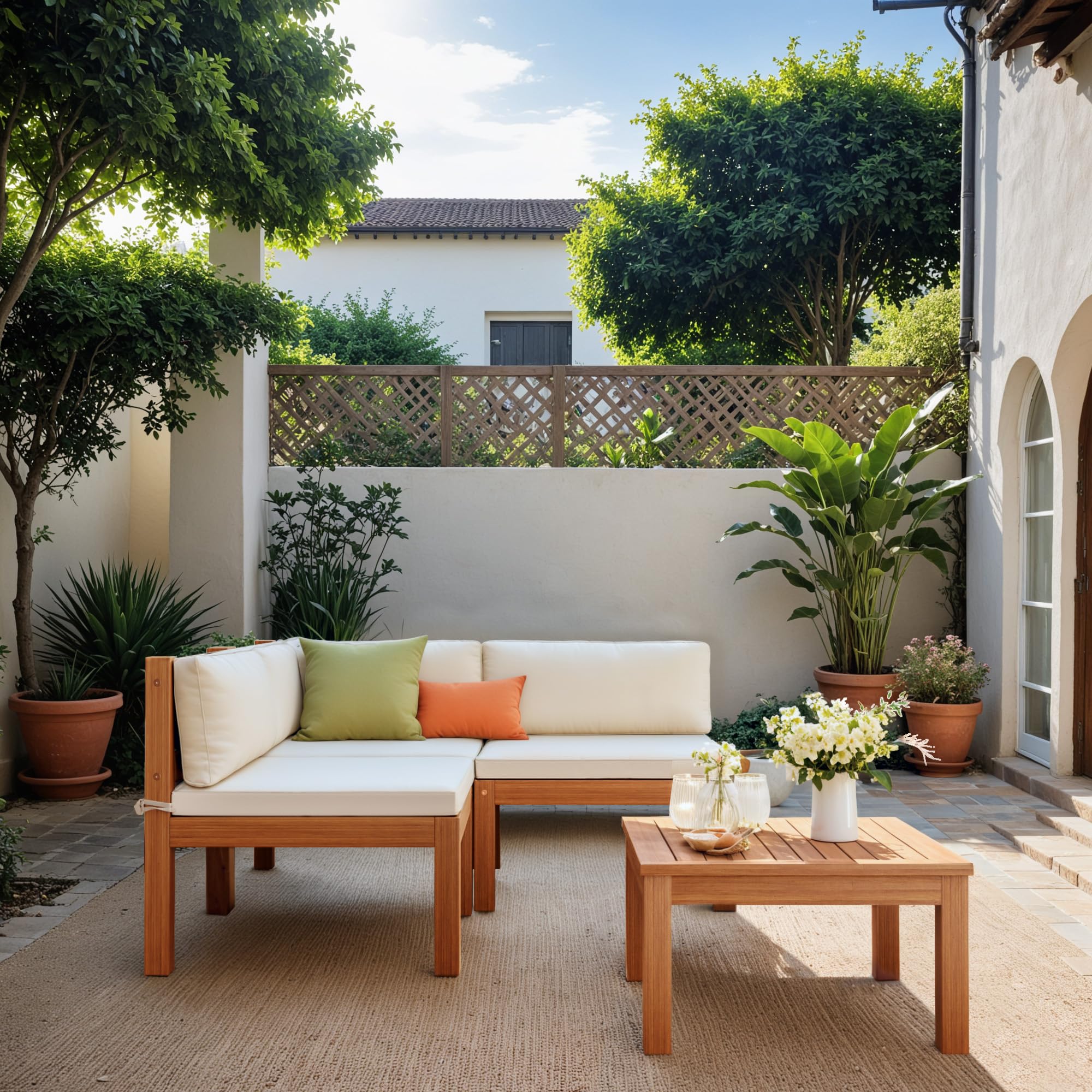 Devoko 4-Piece Outdoor Sectional Sofa Set with Acacia Wood Coffee Table - All-Weather Cushion L-Shaped Patio Furniture for Deck, Backyard, Garden (White) | Perfect for Poolside Lounging, Outdoor Entertaining & Relaxation
