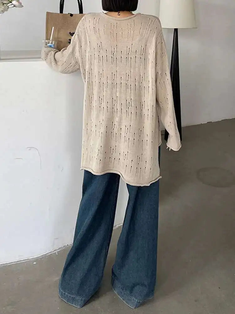 Black Hollow Out Oversized Knit Sweater for Women - Round Neck Long Sleeve Pullover | 2025 New Fashion Spring Autumn Casual Wear | Perfect for Office, Dating & Weekend Outfits (Style 1DJ0057)