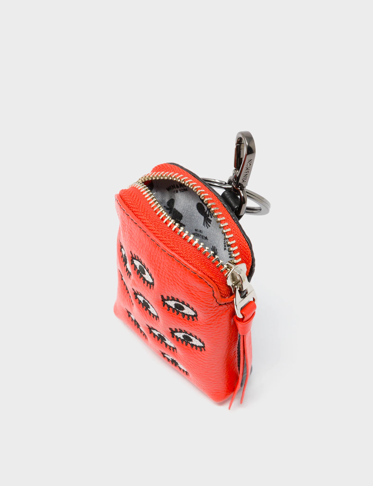 Florence Pouch Charm - Fiesta Red Leather Keychain with All Over Eyes Embroidery | Perfect for Handbags, Wallets & Gift Giving