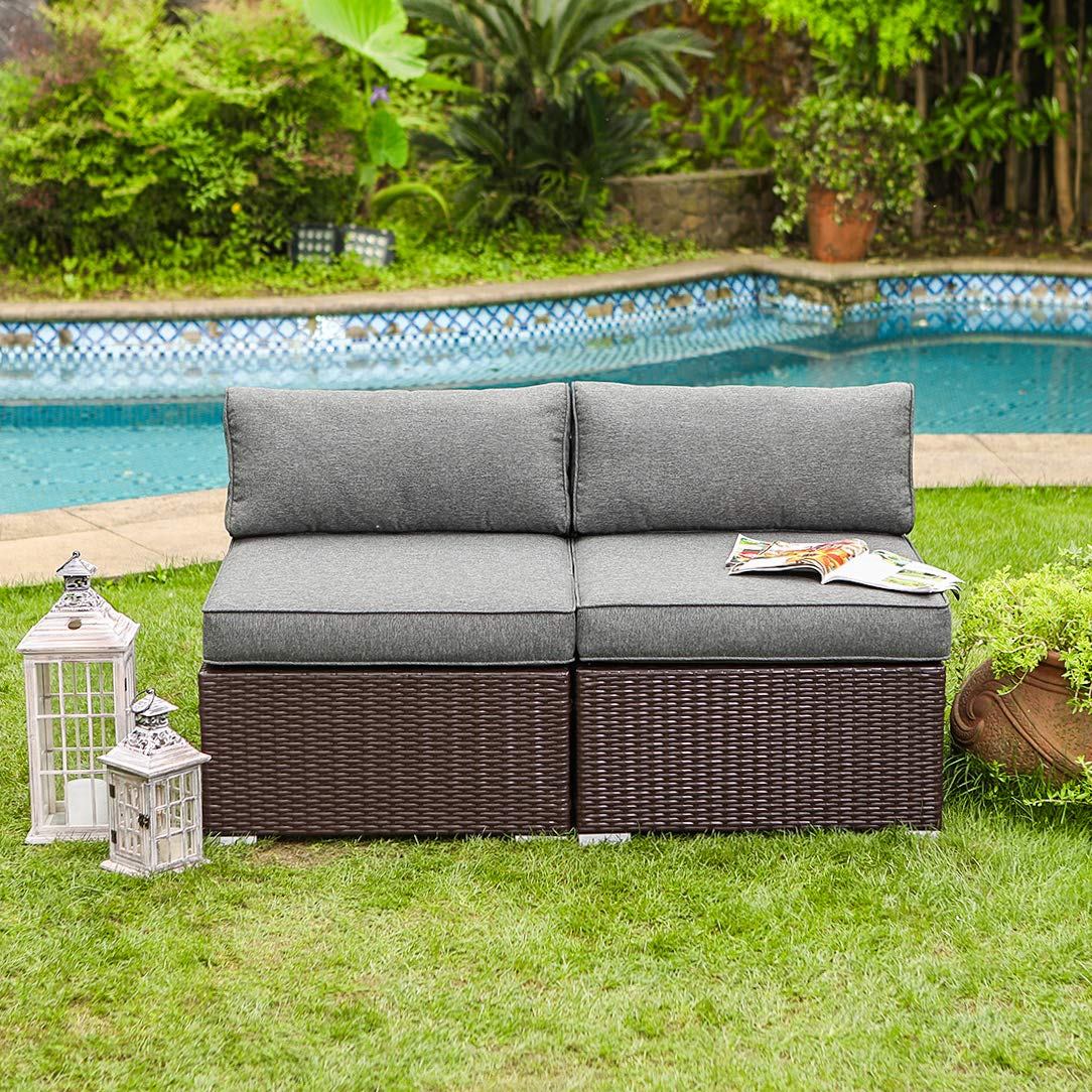 2-Piece Armless Wicker Chairs Add-on for Chocolate Brown Sectional Sofa Set with Dark Grey Thick Cushions - Outdoor Patio Furniture for Garden, Poolside, Backyard & Deck Relaxation