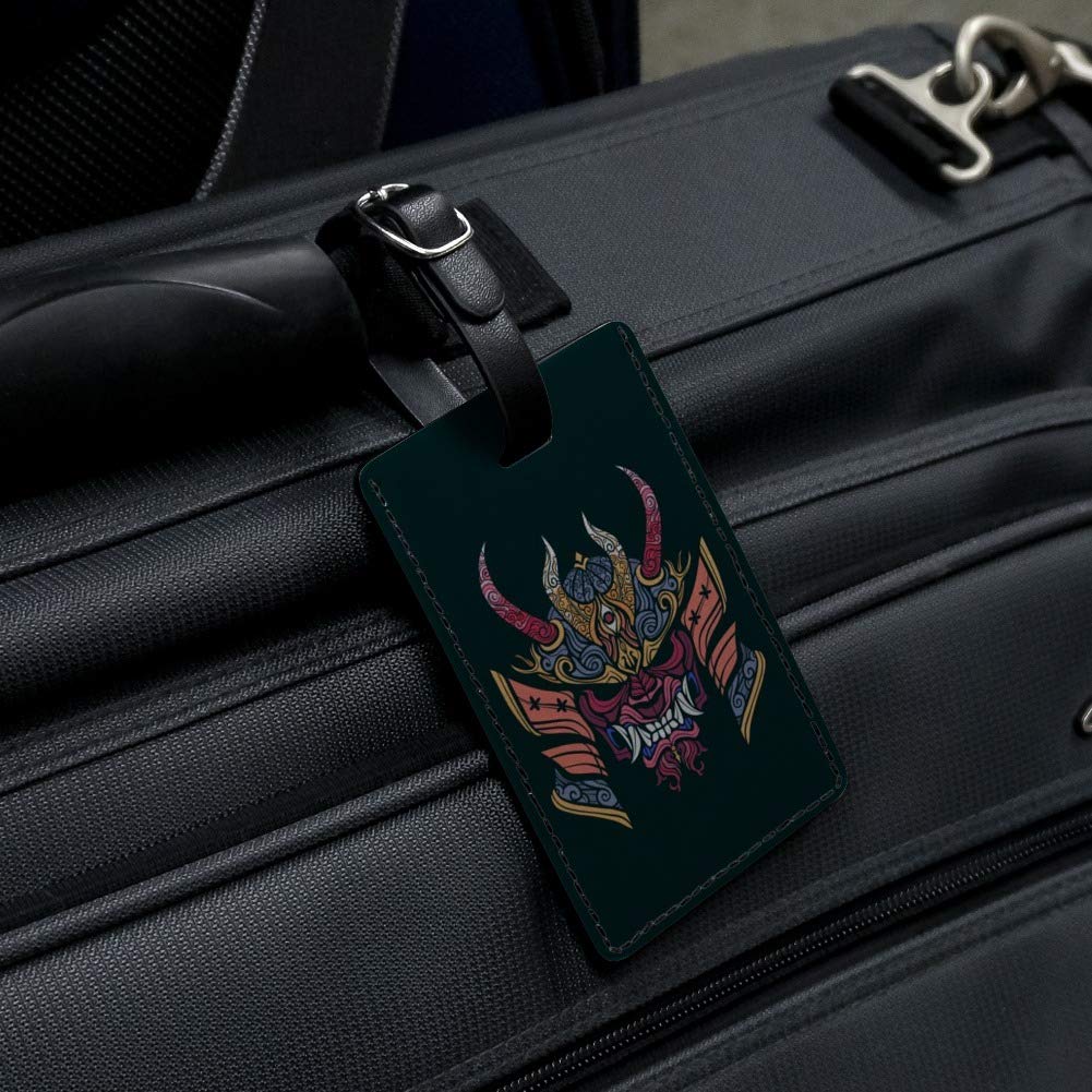 Japanese Samurai Oni Demon Mask Leather Luggage Tag - Unique Rectangle ID Card Holder for Travel Bags, Suitcases & Backpacks - Perfect for Anime Fans, Cosplay & Halloween Costumes