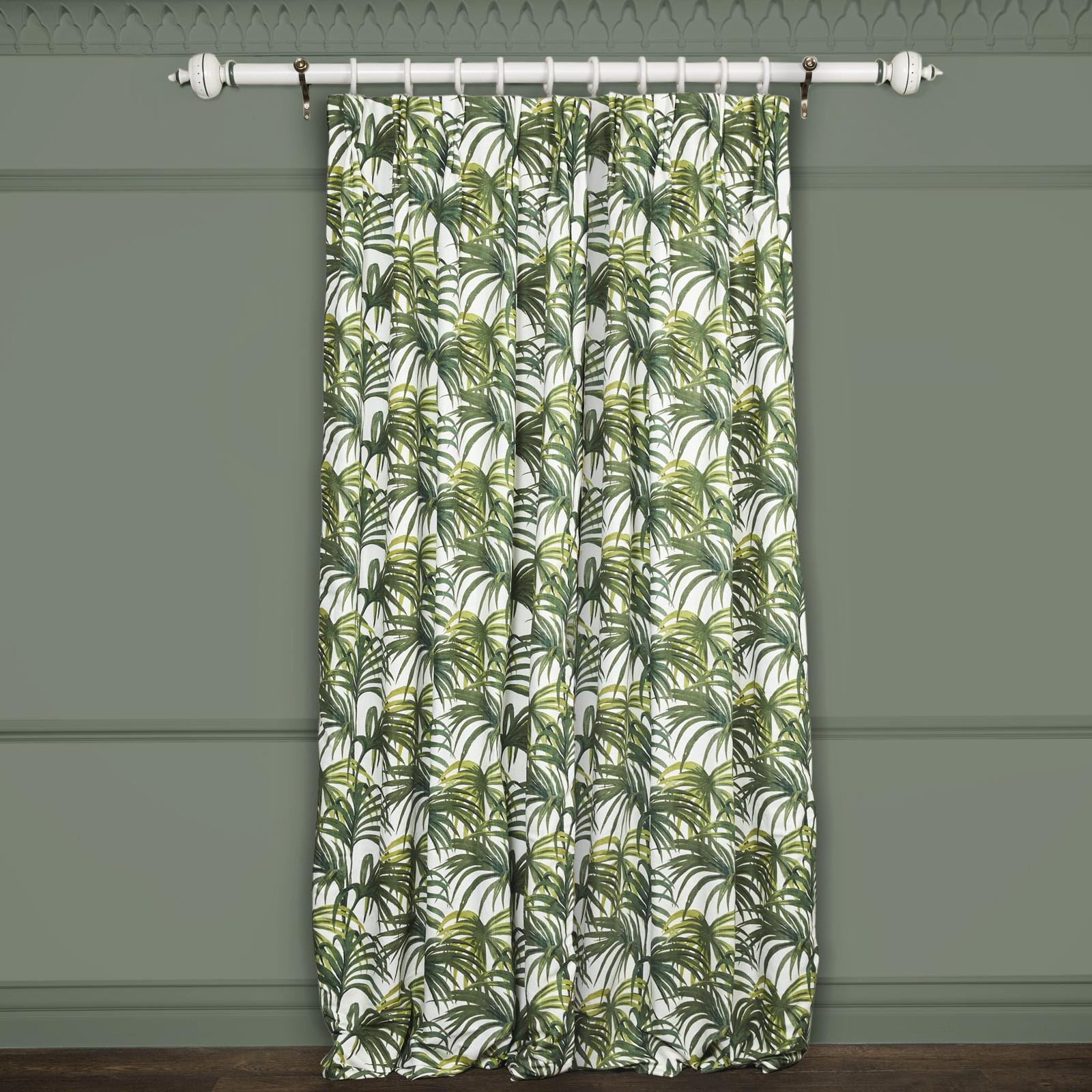 PALMERAL Cotton Linen Curtains - Off White & Green Striped Window Drapes for Living Room & Bedroom