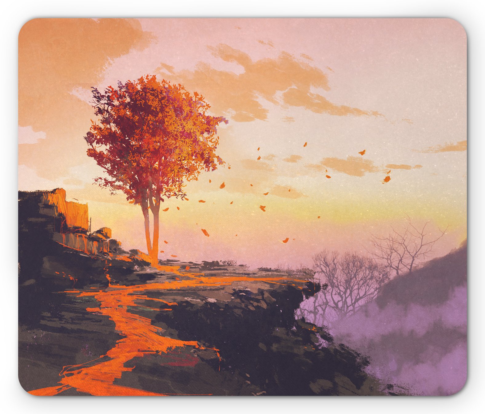 Fantasy Mouse Pad - Autumn Tree with Falling Leaves Mountain Art, Non-Slip Rubber Mousepad (Standard Size, Orange & Purple) for Gaming, Office & Home Computer Use