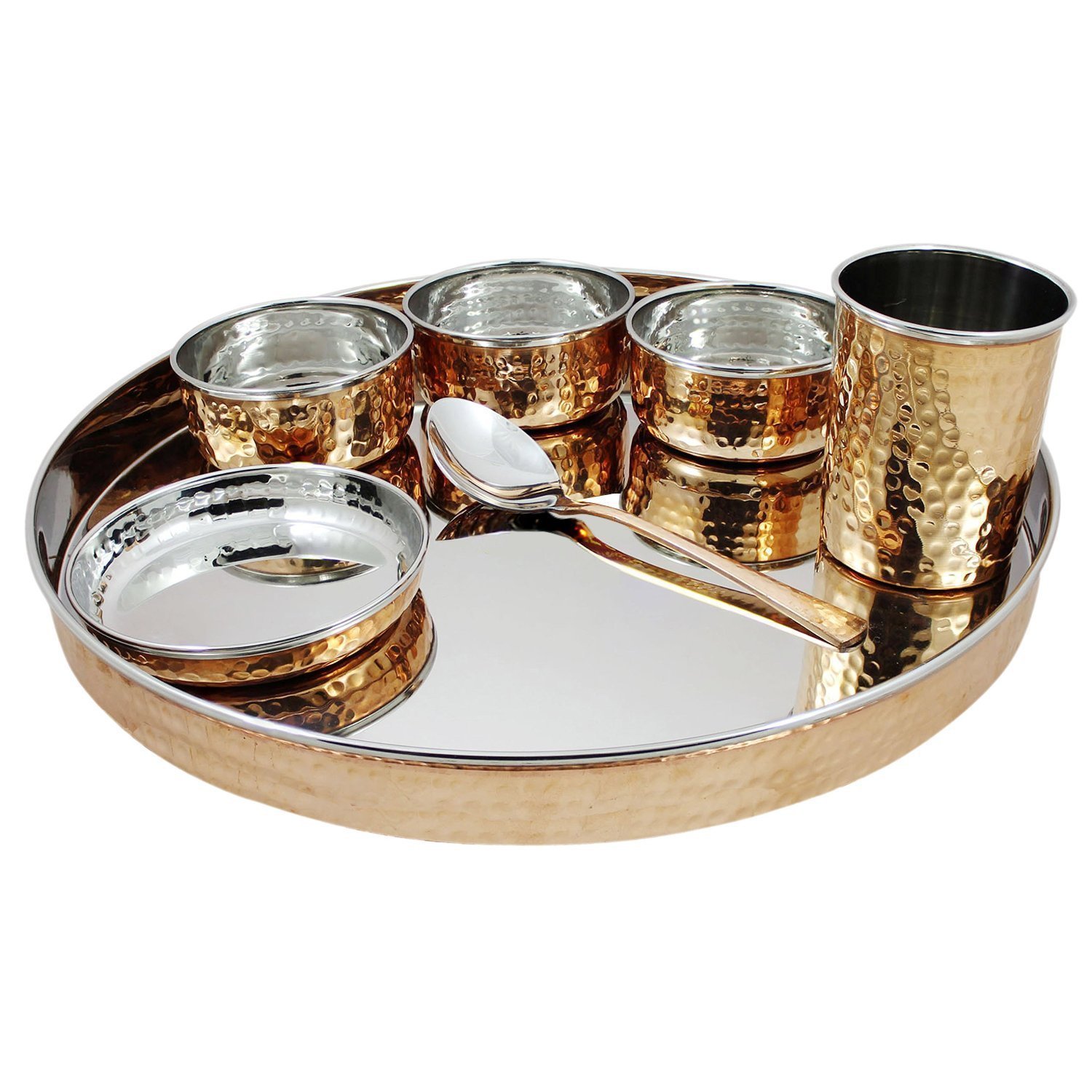 PARIJAT HANDICRAFT 2-Piece Indian Dinnerware Set - Stainless Steel & Copper Traditional Thali Plates with Bowls, Glass & Spoon - 13 Inch Diameter - Perfect for Indian Cuisine, Festivals & Cultural Events