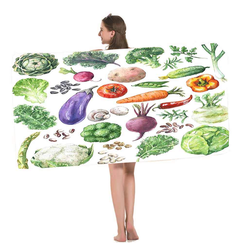 Premium HOSNYE Raw Food Beach Towel - Watercolor Vegetables, Greens & Beans Design - Ultra Soft & Highly Absorbent - Perfect for Swimming, Sports, Beach, Gym & Bathroom - Ideal for Summer Vacations, Pool Parties & Yoga Sessions