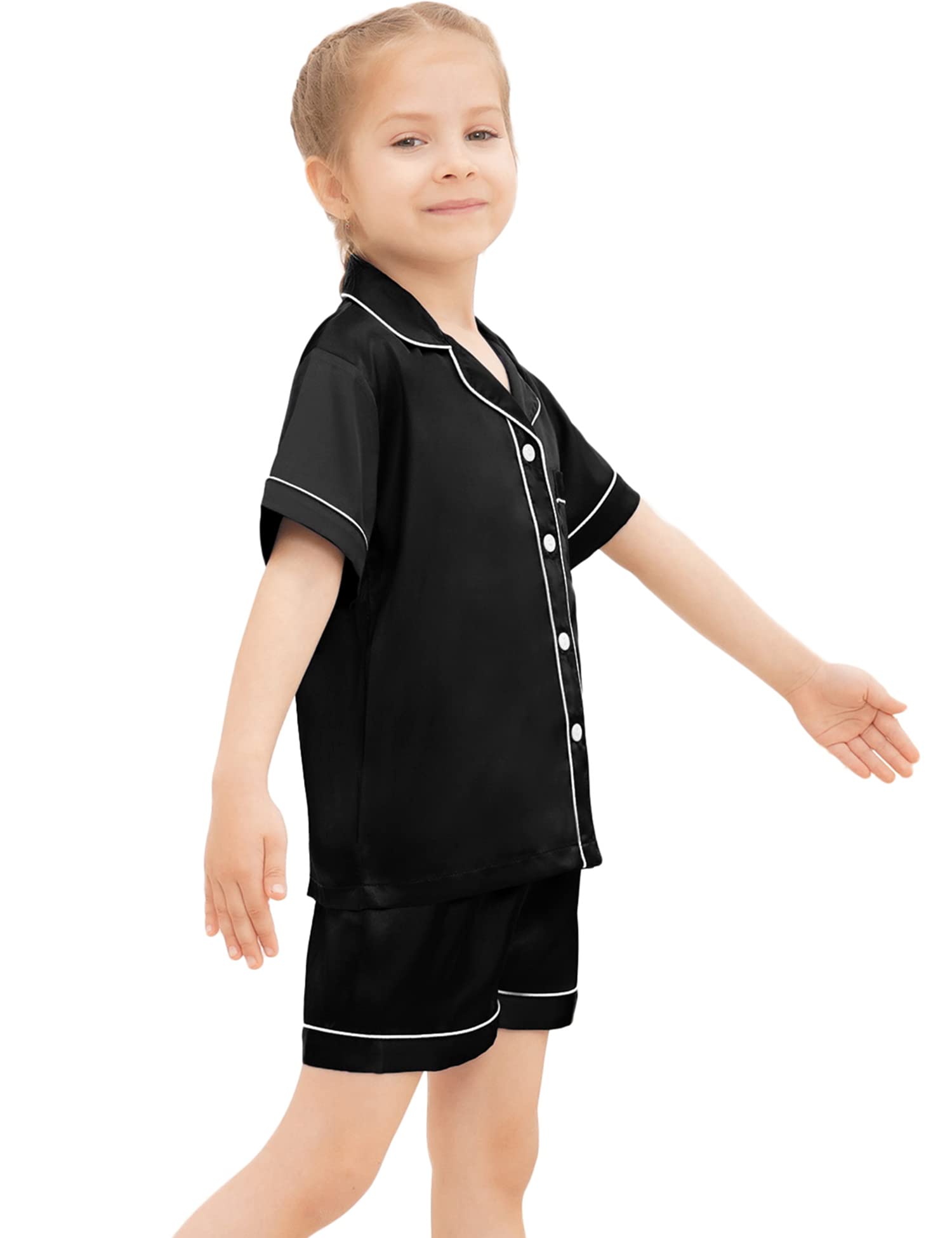 SWOMOG Kids Silk Satin Pajama Set for Girls & Boys - Soft Button-Down Sleepwear, Short Sleeve 2-Piece PJs, Comfortable Lounge Wear - Perfect for Bedtime, Sleepovers & Relaxing at Home