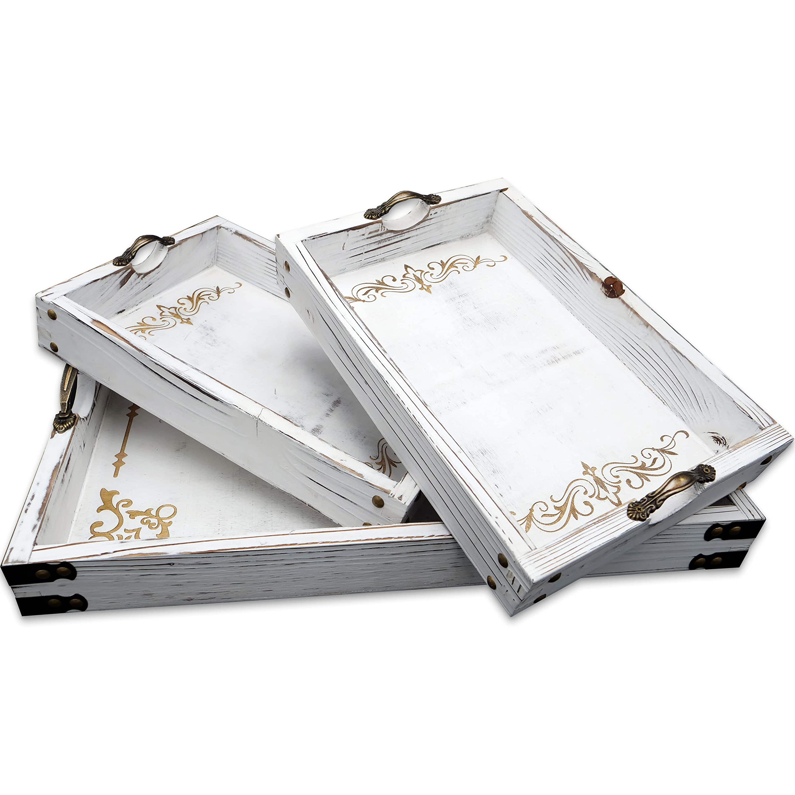 Vintage-Style Rustic White 3-Piece Fir Wood Coffee Table Tray Set with Handles - Decorative Serving Tray for Living Room, Ottoman, Breakfast in Bed & Home Decor - Perfect for Tea Parties, Snack Serving and Organizing Essentials by Rustic Sisters
