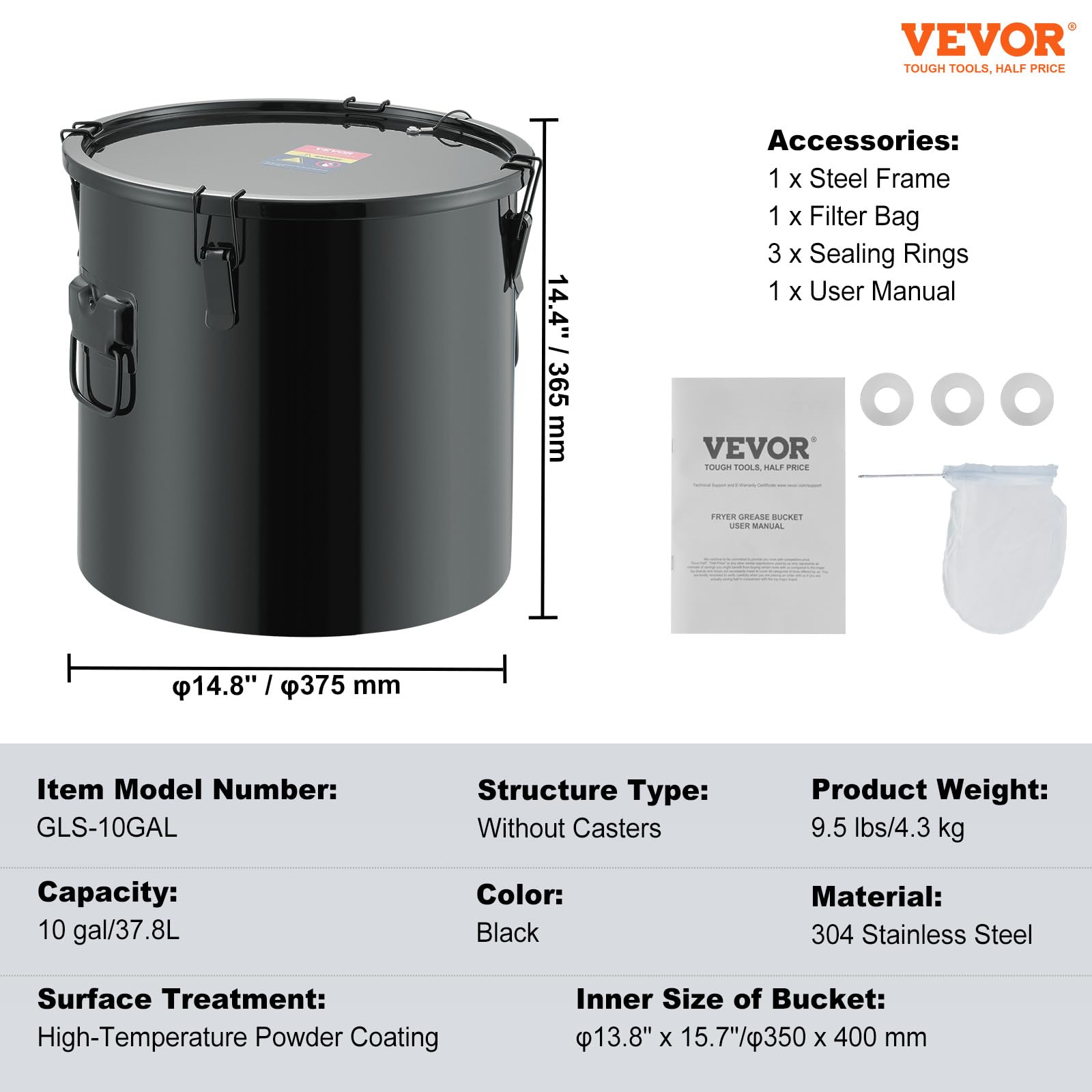 VEVOR 10 Gallon Stainless Steel Fryer Grease Bucket with Lid - Oil Disposal Caddy for Hot Cooking Oil Filtering, Rust-Proof Coating, Lock Clips & Filter Bag - Perfect for Restaurants, Food Trucks & Home Kitchens