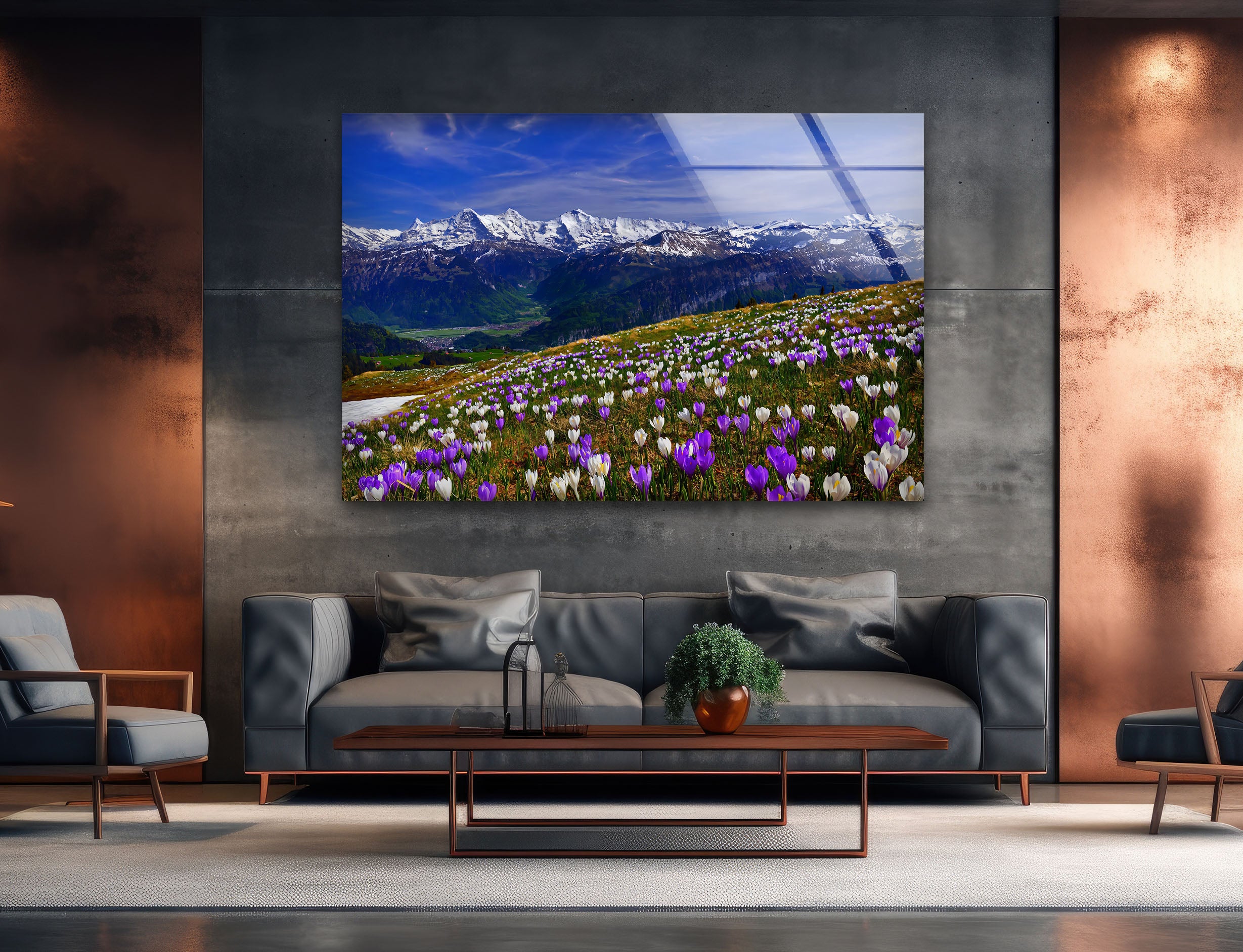 Alpine Meadow Glass Wall Art – Majestic Mountain & Blooming Wildflower Landscape Decor for Living Room, Bedroom & Office – Nature Inspired Home Décor