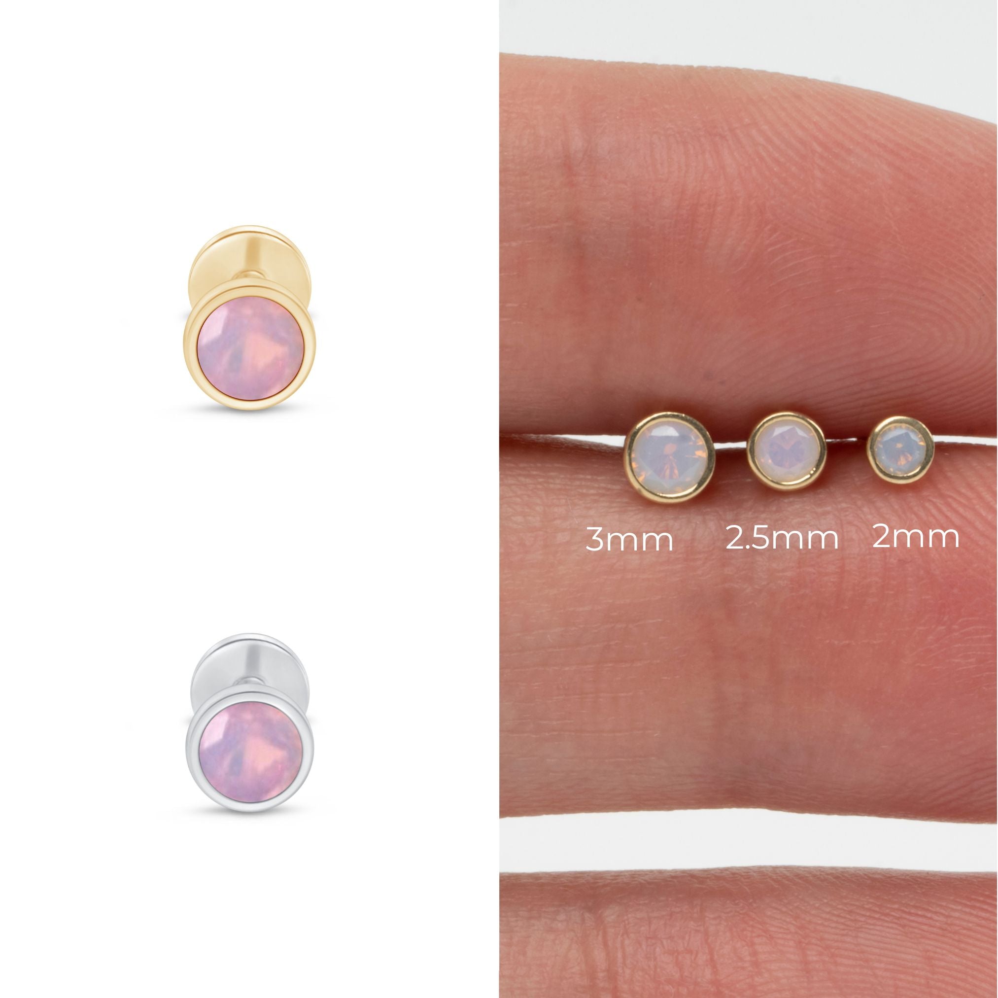 14K White Gold Round Pink Opal Flat Back Stud Earrings - Bezel Set Gemstone Jewelry for Women, Gift for Her, Birthday, Anniversary, Valentine's Day