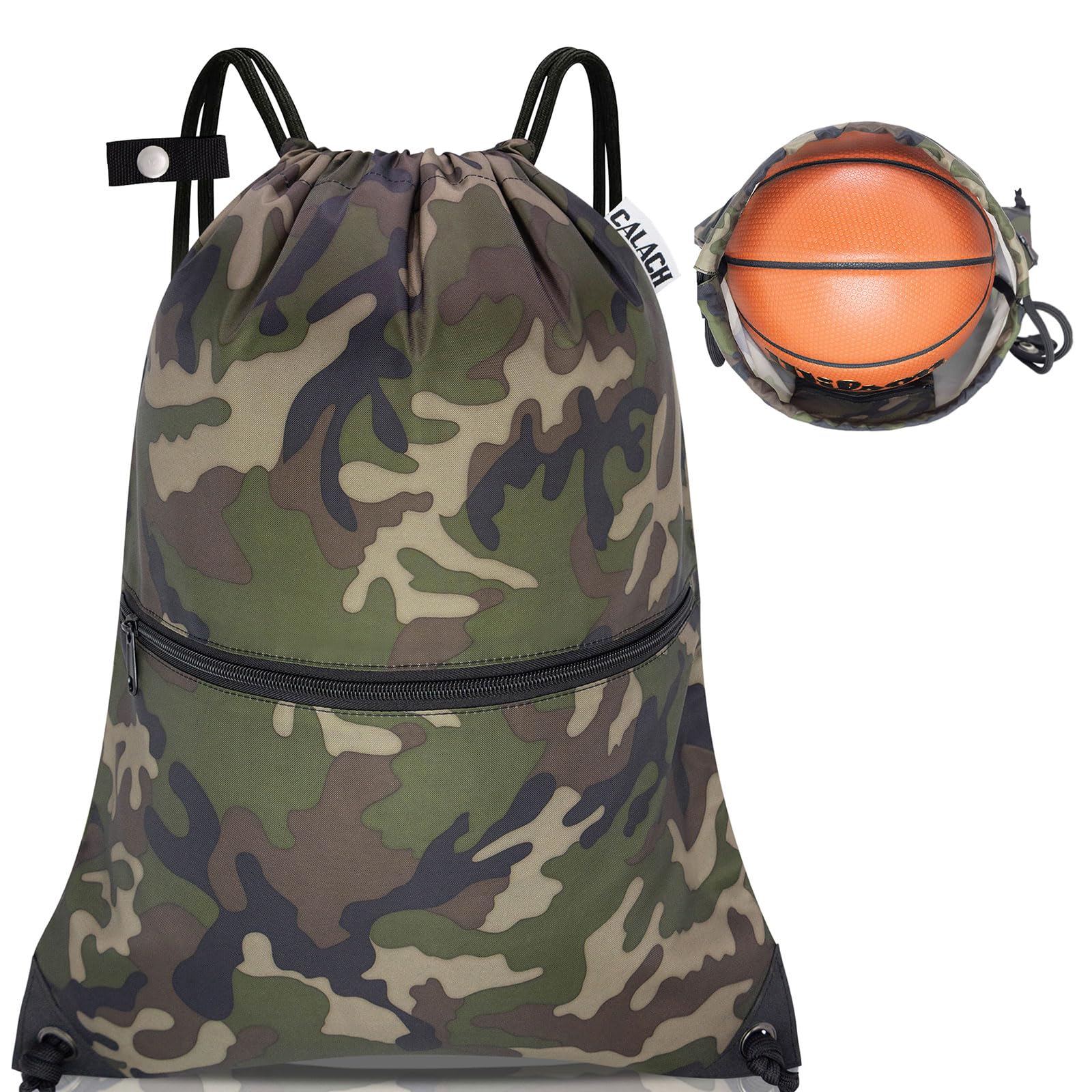 Large Drawstring Backpack for Gym & Sports - Water-Resistant Green Camo Backpack with Front & Inner Zipper Pockets for Keys & Phone - Perfect for Workout, Travel & School (Unisex Men & Women)
