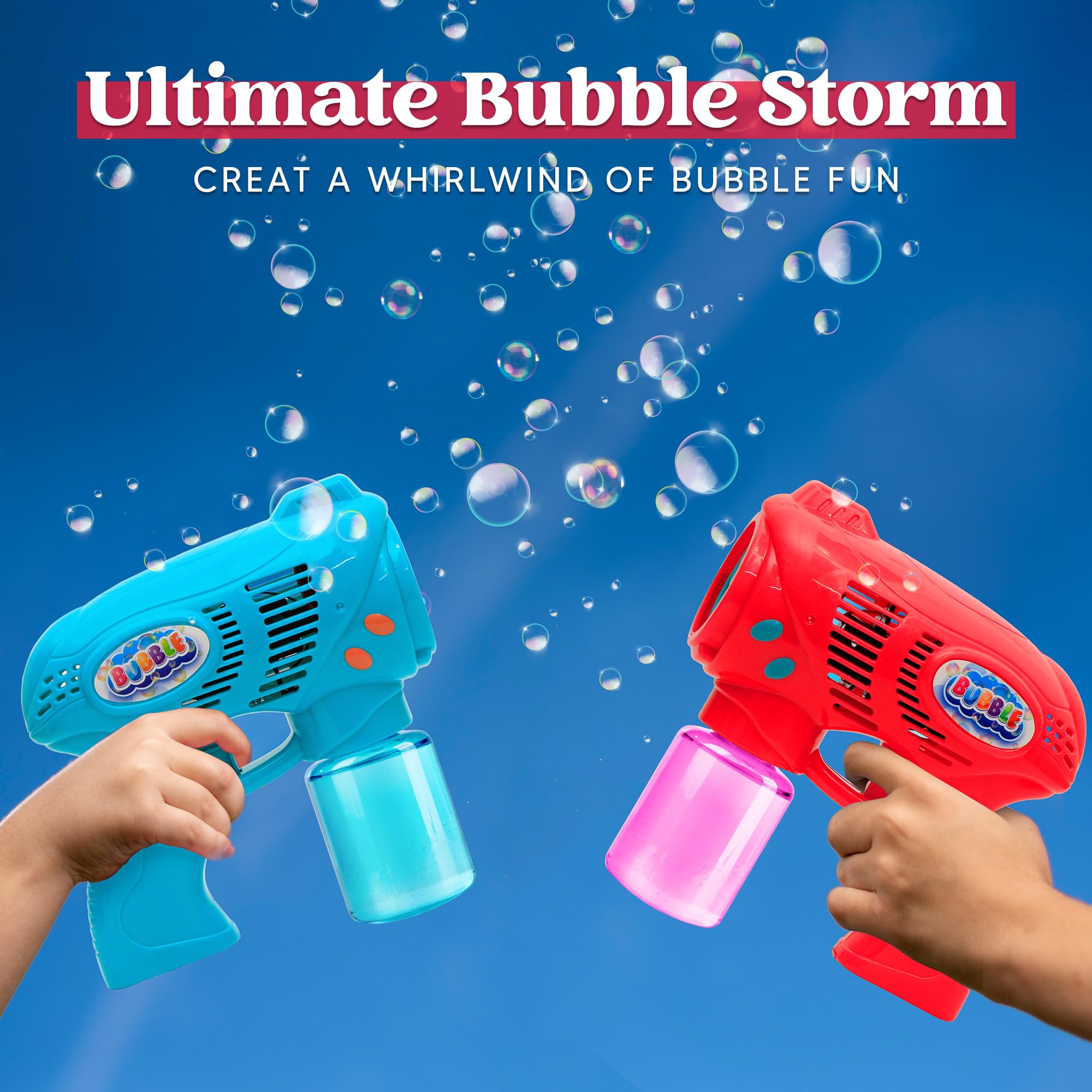 JOYIN 2 Pack Bubble Guns with 2 Refill Solutions (10 oz Total) - Automatic Bubble Blower Machine for Kids, Toddlers - Outdoor Party, Birthday Gift, Easter Basket Stuffers - Fun Summer Backyard, Park, Beach Activities (Blue+Red)