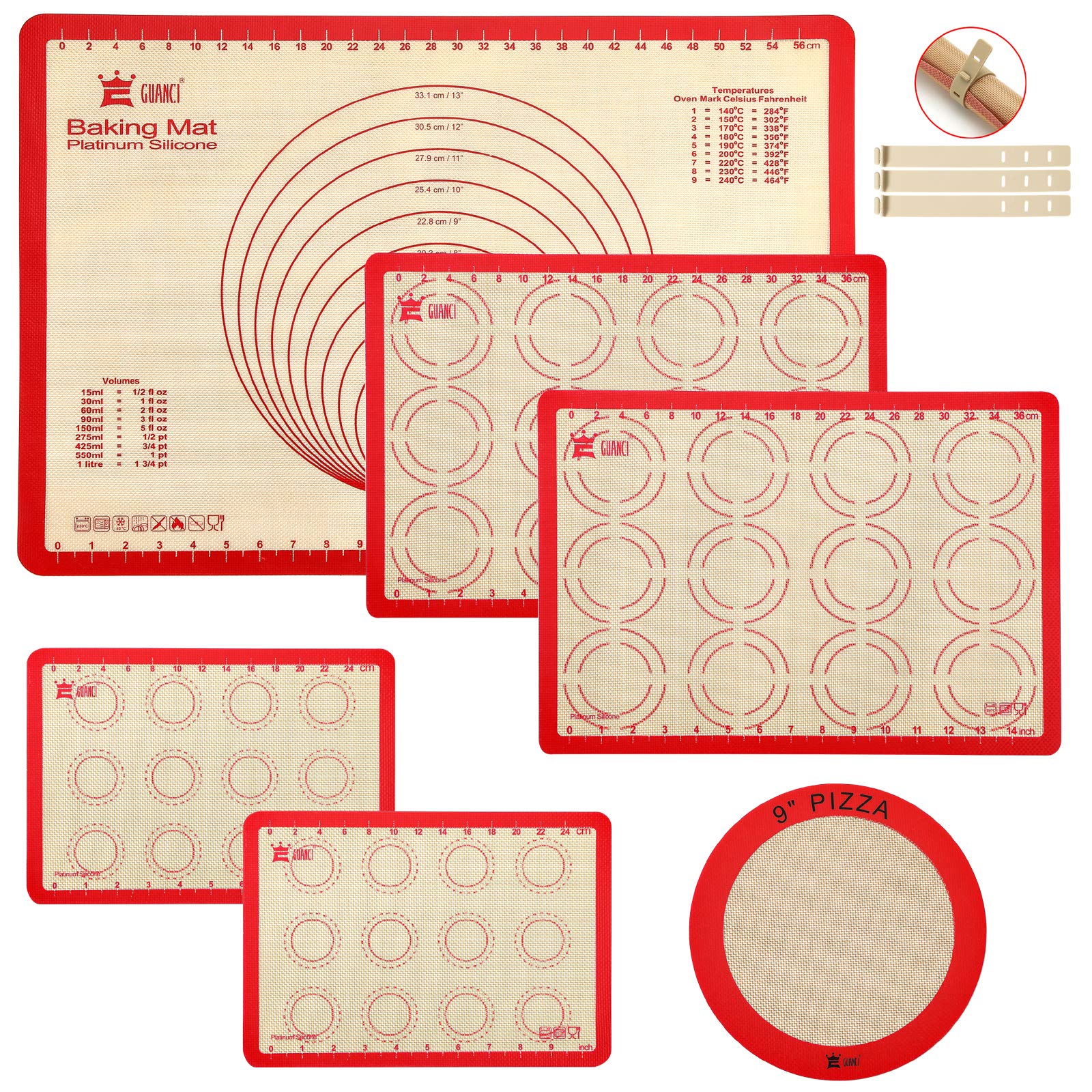Non-Stick Silicone Baking Mat Set of 6 - Reusable Food Grade Pizza & Cookie Baking Sheets for Macarons, Pastry, Bread, Buns - Perfect for Home Baking, Kitchen Prep & Holiday Cooking (Red)