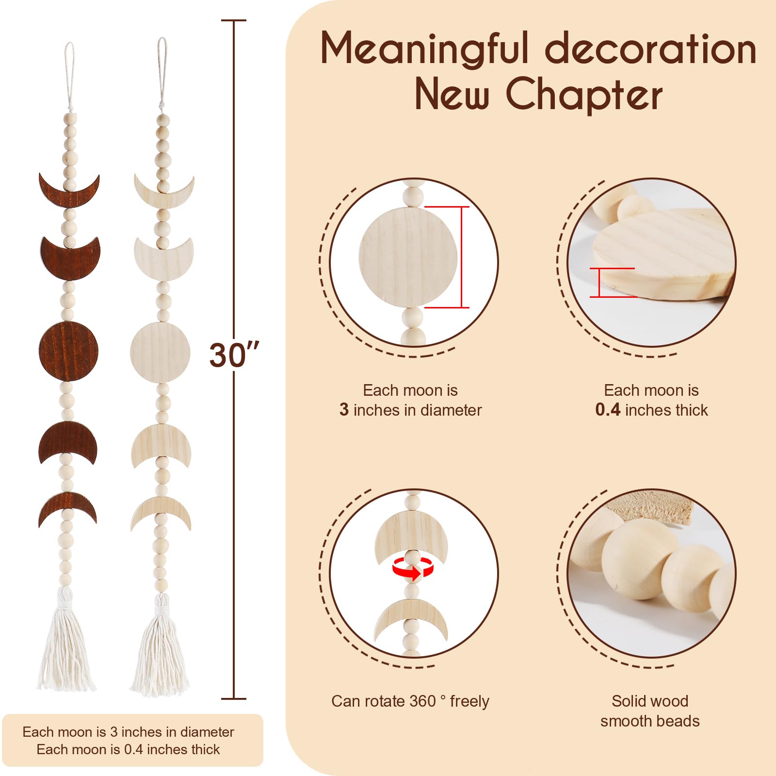 Moon Phase Wall Hanging Decor - Wood Beaded Boho Tassel Home Decor for Living Room, Bedroom & Office - Natural Brown Moon Phases Art - Perfect for Meditation Spaces, Yoga Rooms & Spiritual Gifts