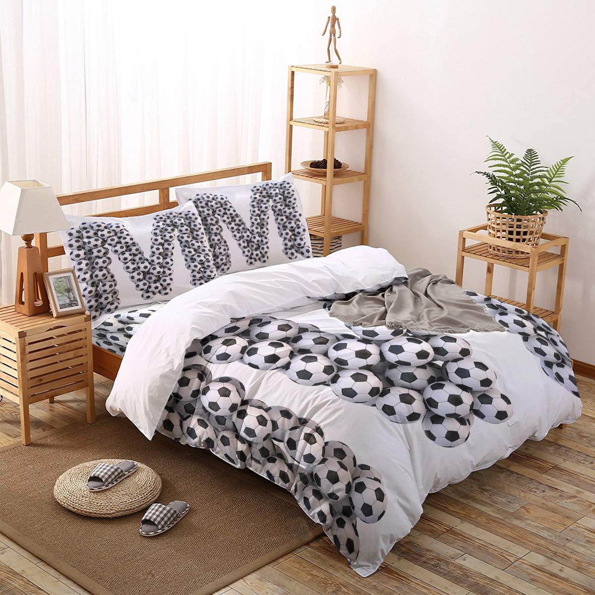 4 Piece Full Size Duvet Cover Set - Soccer Balls Letter M Vertical Design, Luxury Soft Bedding Comforter Cover with 1 Duvet Cover, 1 Bed Sheet & 2 Pillowcases - Perfect for Kids' Rooms, Sports Themed Bedrooms & Soccer Lovers