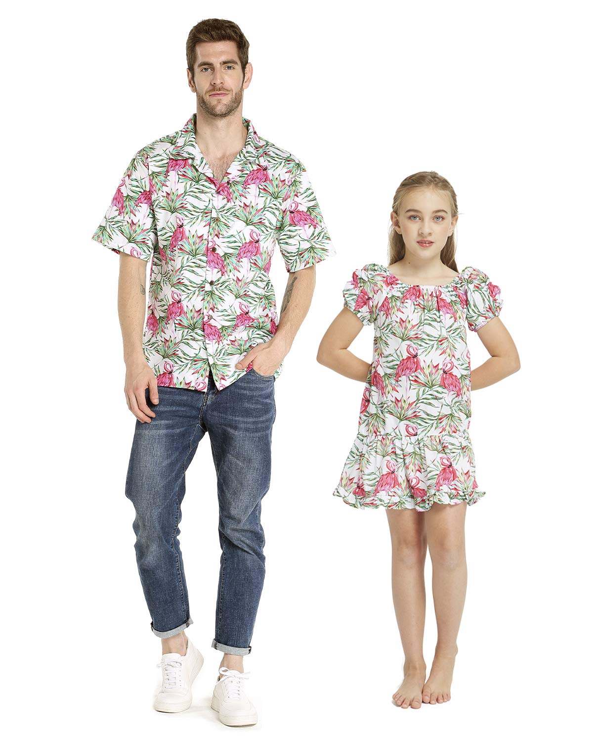 Father Daughter Matching Hawaiian Dance Shirts & Muumuu Dresses - Tropical Flamingo Print for Luau Party, Family Vacation, and Beach Outfits